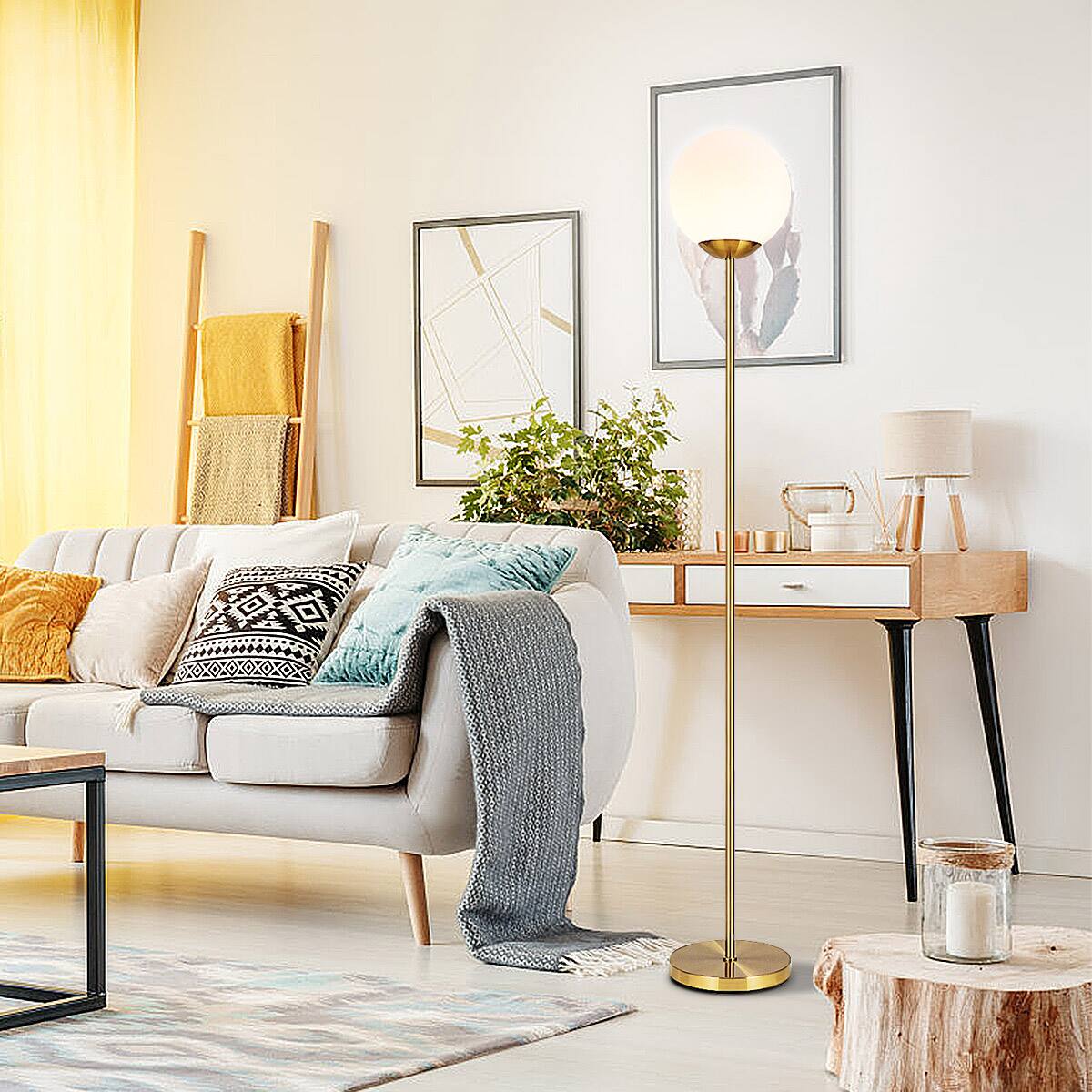 Alt View 3. Costway - Costway 67" Frosted Glass Globe Floor Lamp w/ 9W LED Bulb for Living Room Bedroom Office - Antique Brass,White.