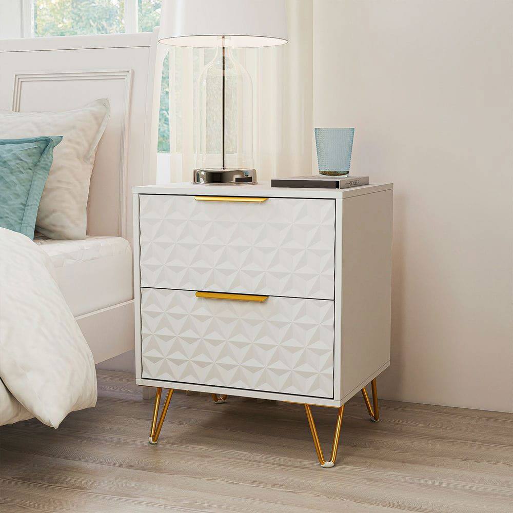 Alt View 4. Kadyn - 2-Piece Diamond Pattern Nightstand Set with Gold Handles and Hairpin Legs - White - White.