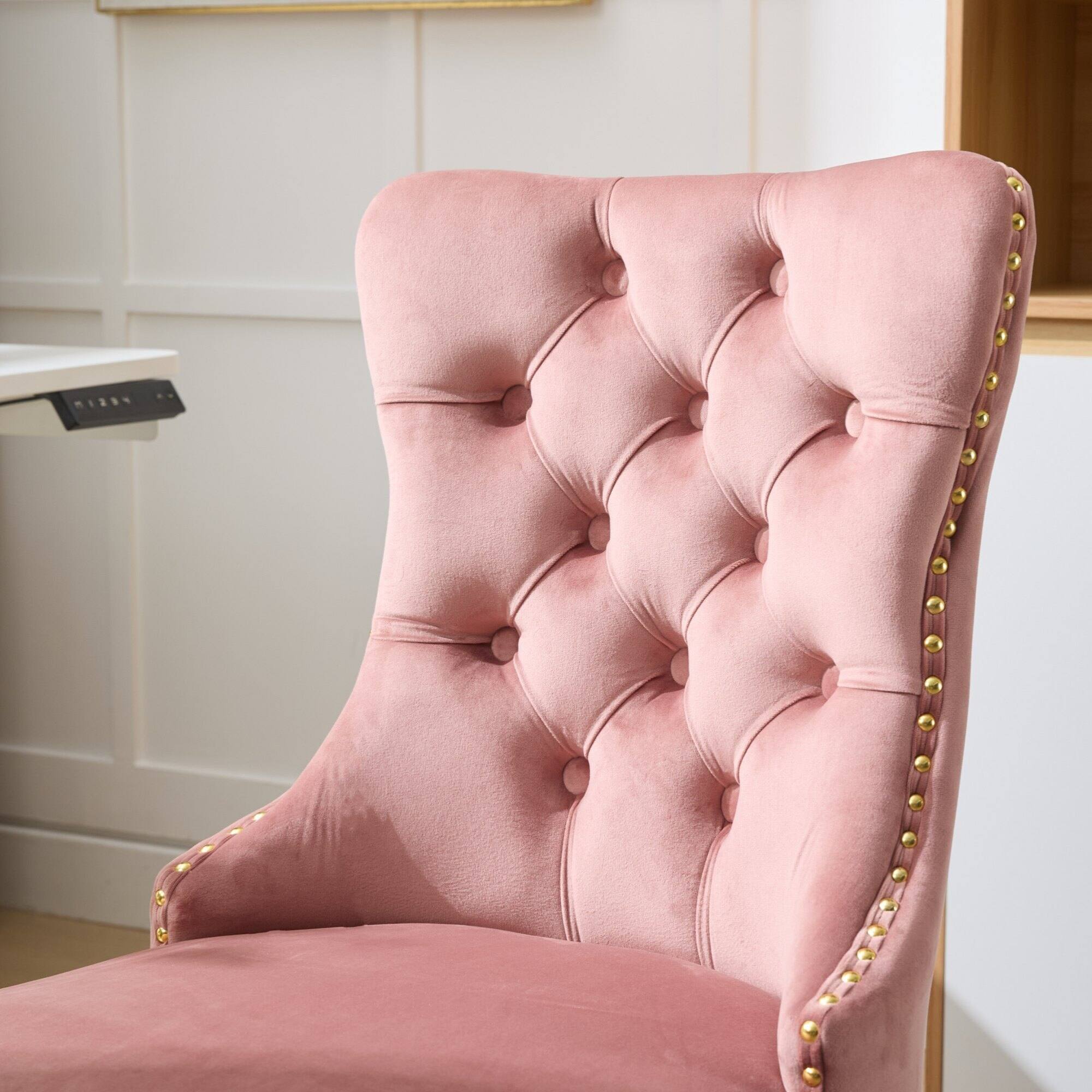 Alt View 5. GOODSILO - Modern Velvet Upholstered Office Chair with Tufted Button Design and Golden Metal Base for Home Workspace - Pink.