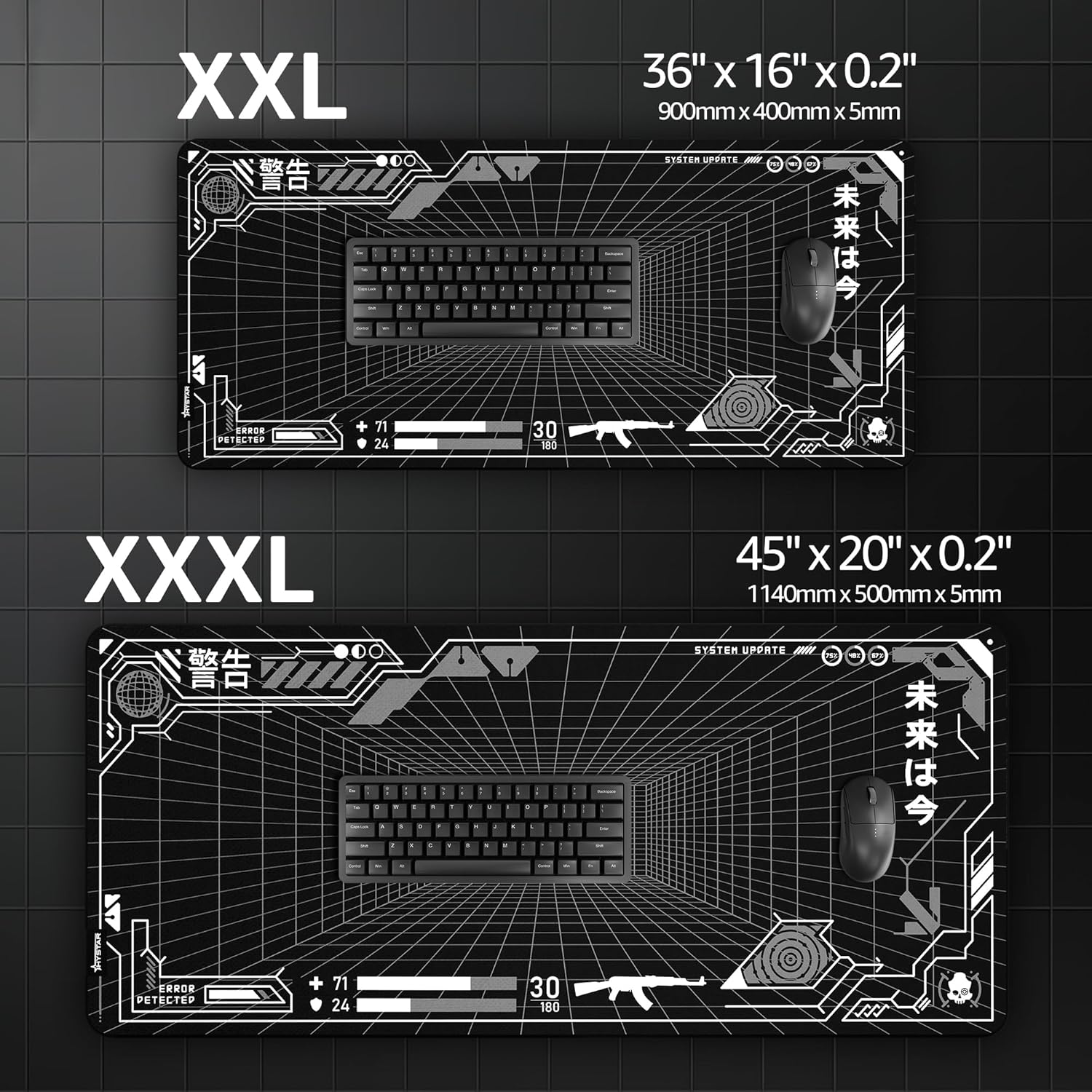 XXL  
36" x 16" x 0.2"  
900mm x 400mm x 5mm  

XXL  
45" x 20" x 0.2"  
1140mm x 500mm x 5mm