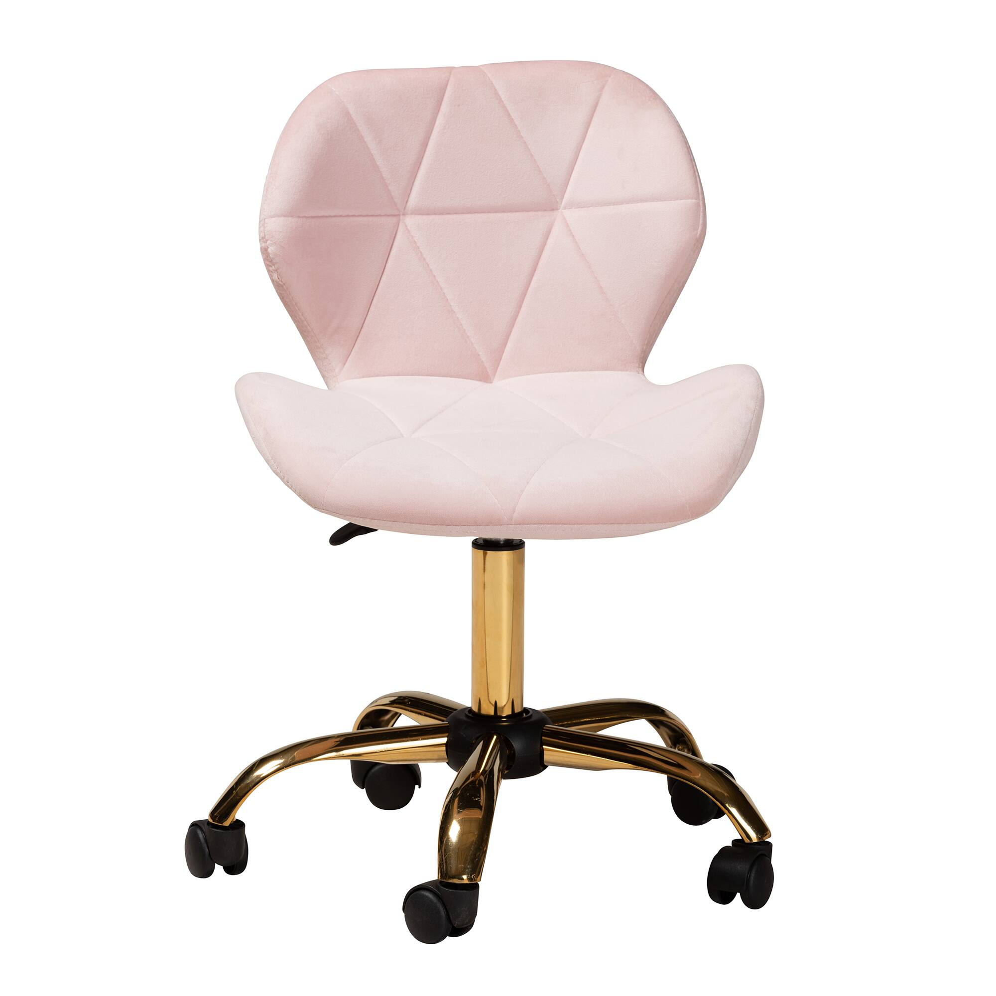 Angle. Baxton Studio - Savara Contemporary Glam and Luxe Velvet Fabric and Metal Swivel Office Chair - Blush Pink/Gold.