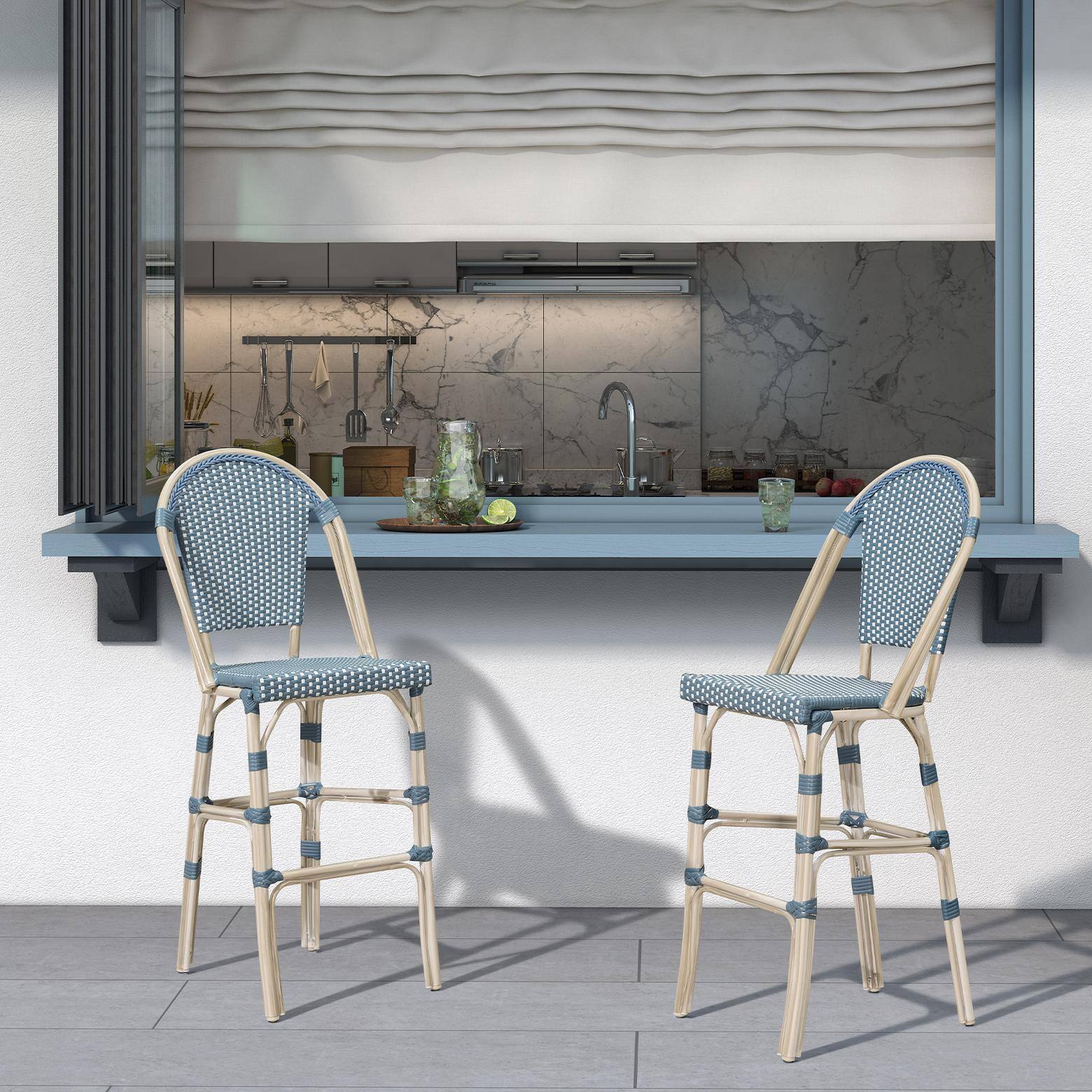 PURPLE LEAF - French Bar Height Bar Stool Set of 2 Patio Bar Chairs with Back Rattan Bar Chairs French Bistro Set - White Frame/Light Blue-Bar Stool