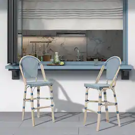 PURPLE LEAF - French Bar Height Bar Stool Set of 2 Patio Bar Chairs with Back Rattan Bar Chairs French Bistro Set - White Frame/Light Blue-Bar Stool