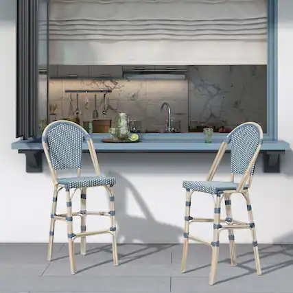 Front. PURPLE LEAF - French Bar Height Bar Stool Set of 2 Patio Bar Chairs with Back Rattan Bar Chairs French Bistro Set - White Frame/Light Blue-Bar Stool.