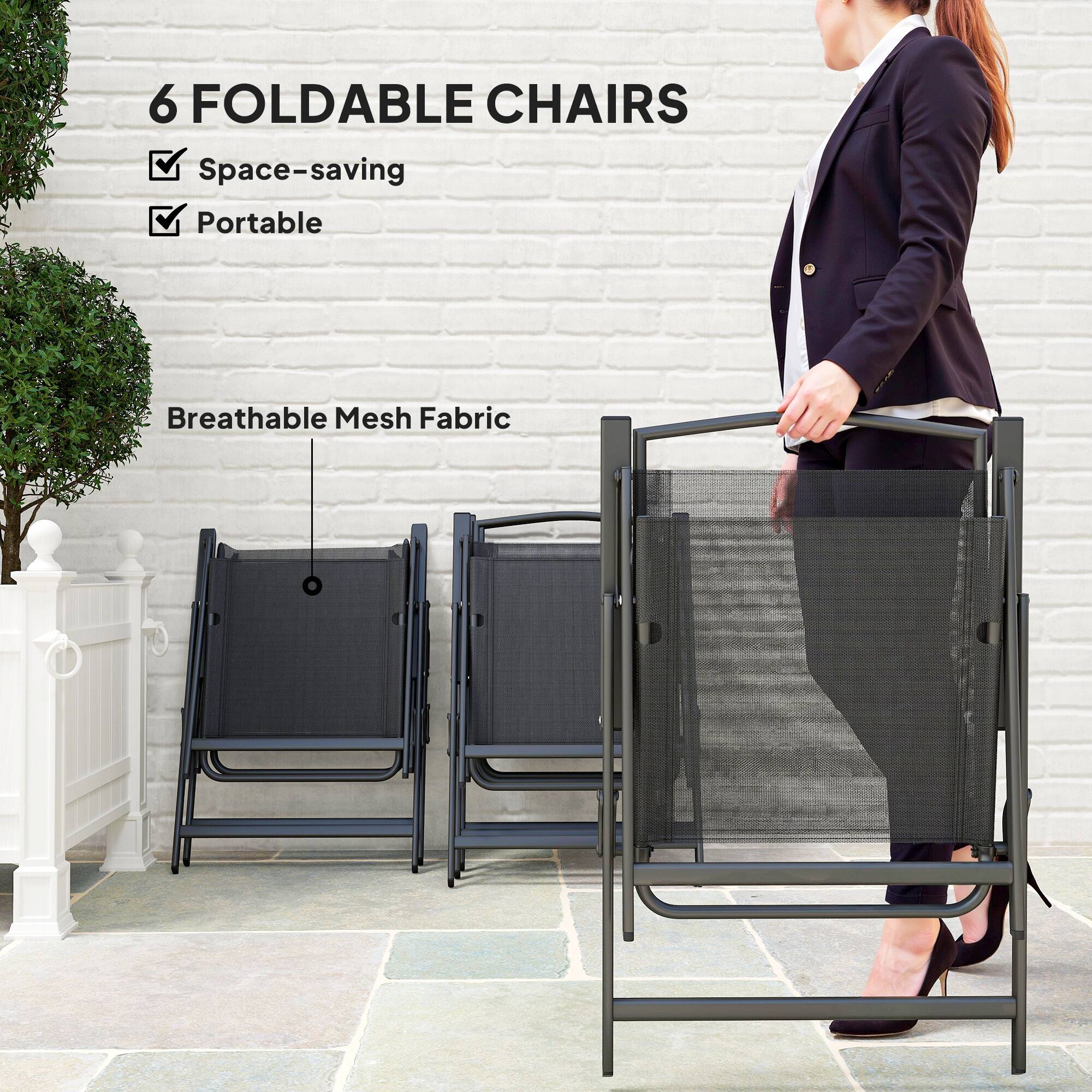 6 FOLDABLE CHAIRS  
- Space-saving  
- Portable  

Breathable Mesh Fabric
