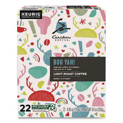 Genuine Keurig K-Cup Pods! Caribou Coffee. Bou Yah! Fueling Life's Victories, One Sip at a Time. Light Roast Coffee Sweet & Citrusy. Recyclable 22 K-Cup Pods. Peel, Not Recycled Empty, Mala Pods Recycle. Communities. 22 - 0.40 oz (11.5g)/EA Net WT 8.9 oz (253g)