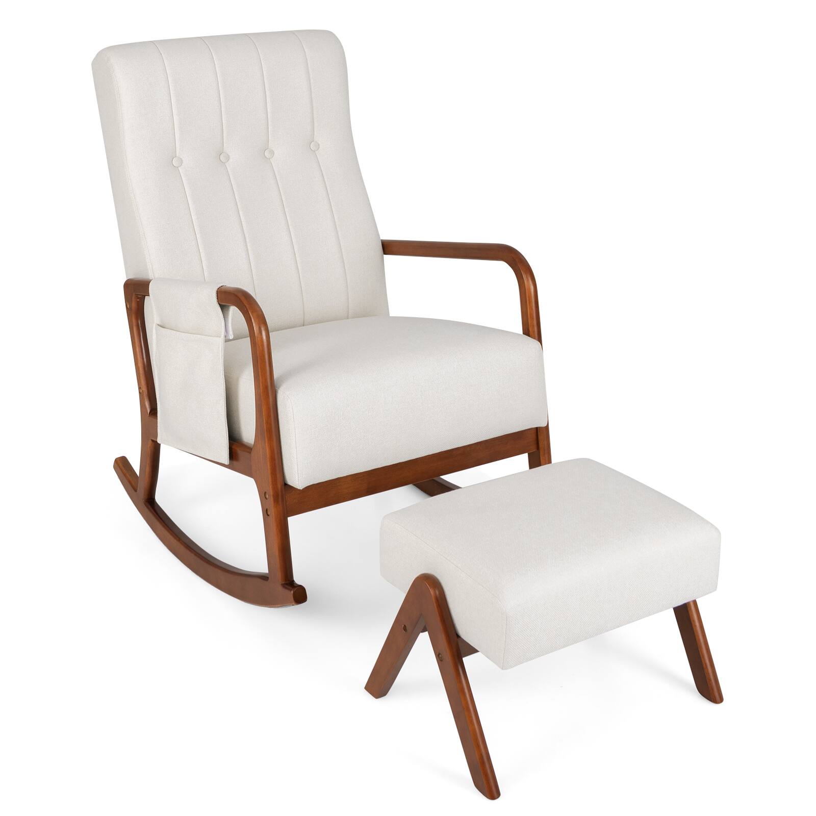 Front. Ecooso - Rocking Chair with Ottoman and Solid Rubber Wood Frame, Padded Cushion for Comfort - Beige.