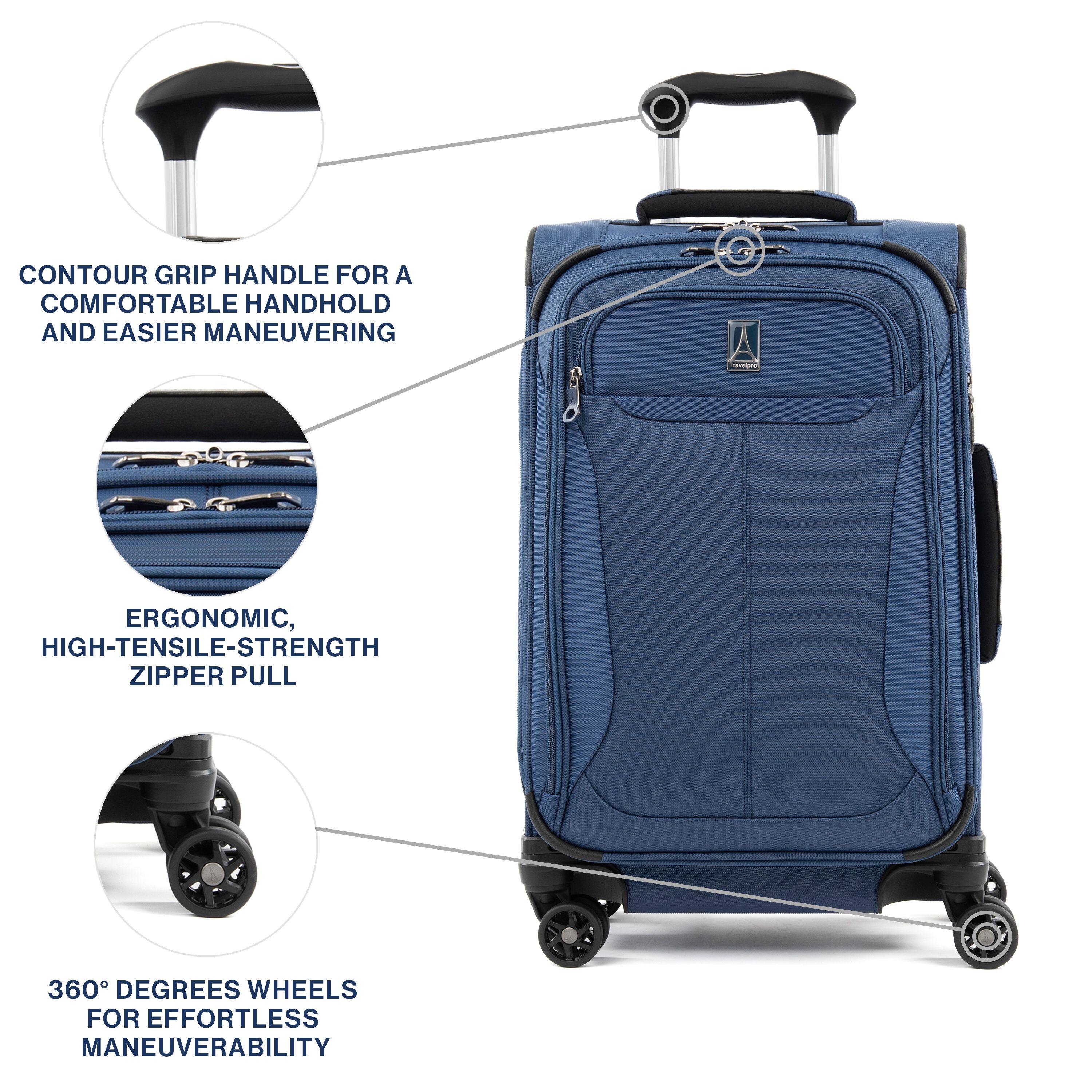 CONTOUR GRIP HANDLE FOR A COMFORTABLE HANDHOLD AND EASIER MANEUVERING  
ERGONOMIC, HIGH-TENSILE-STRENGTH ZIPPER PULL  
360° WHEELS FOR EFFORTLESS MANEUVERABILITY