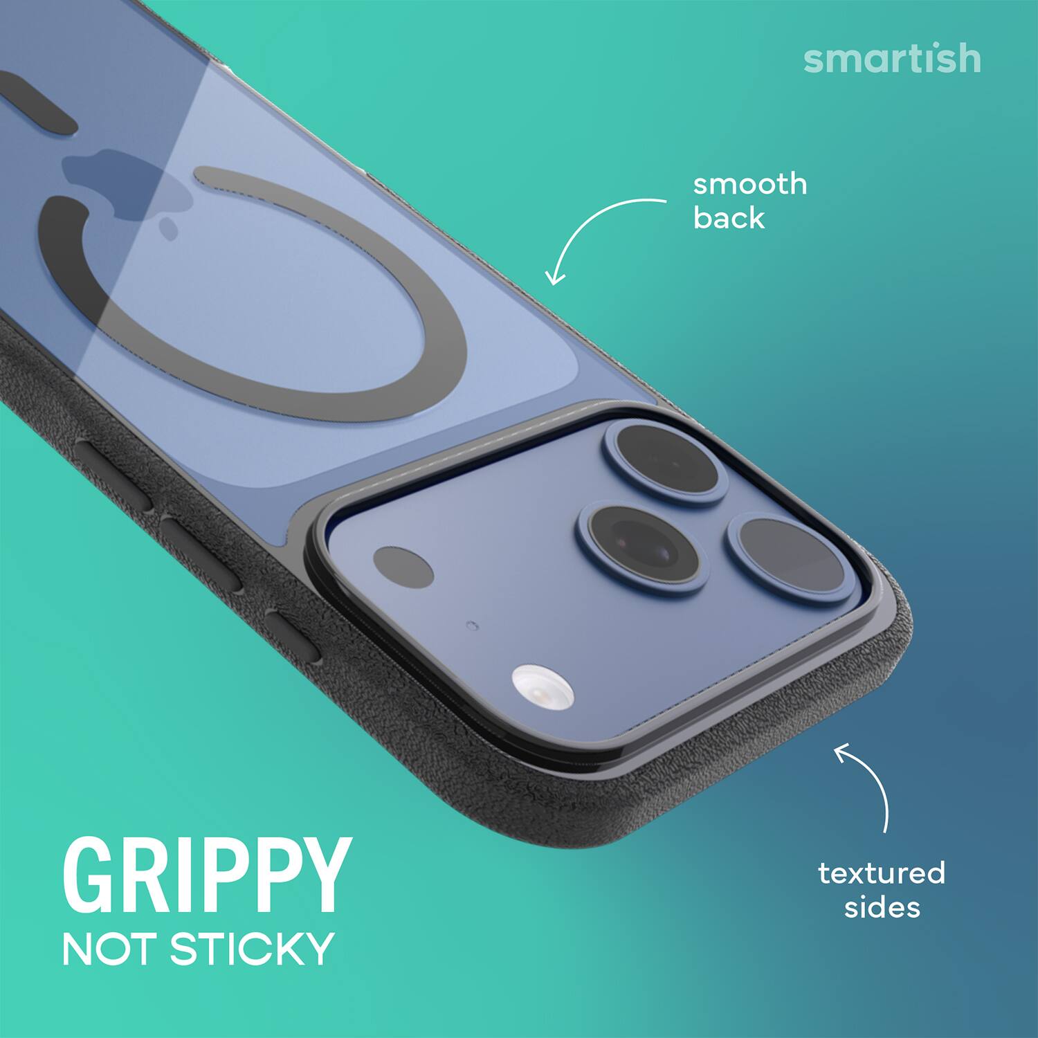smartish  
smooth back  
GRIPPY NOT STICKY  
textured sides