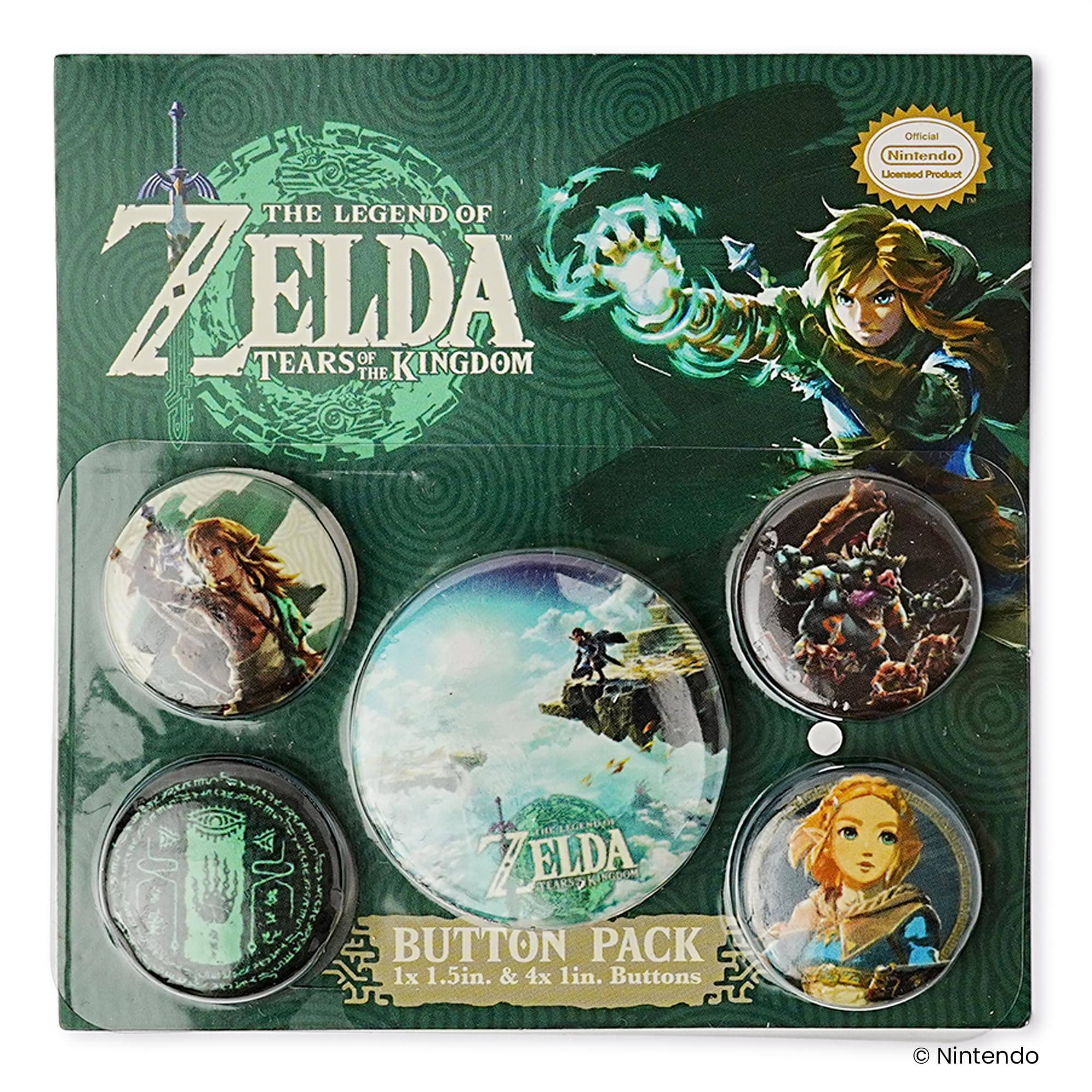 THE LEGEND OF ZELDA TEARS OF THE KINGDOM  
Official Nintendo Licensed Product  
AC ZELDA TEAKS 9 RIM BUTTON PACK  
1x 1.5in. & 4x 1in. Buttons  
Nintendo
