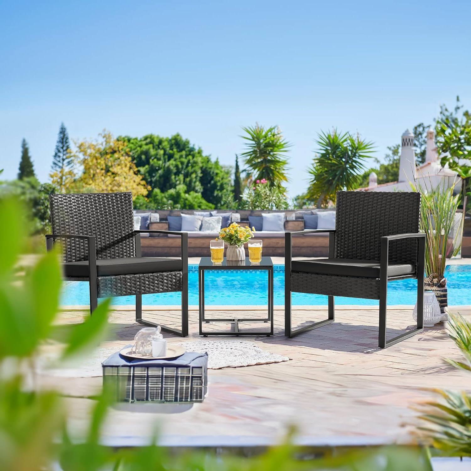 Back. Hivvago - Outdoor 3-Piece Patio Furniture Set with 2 Black Patio Chairs and 1 Side Table - Black.