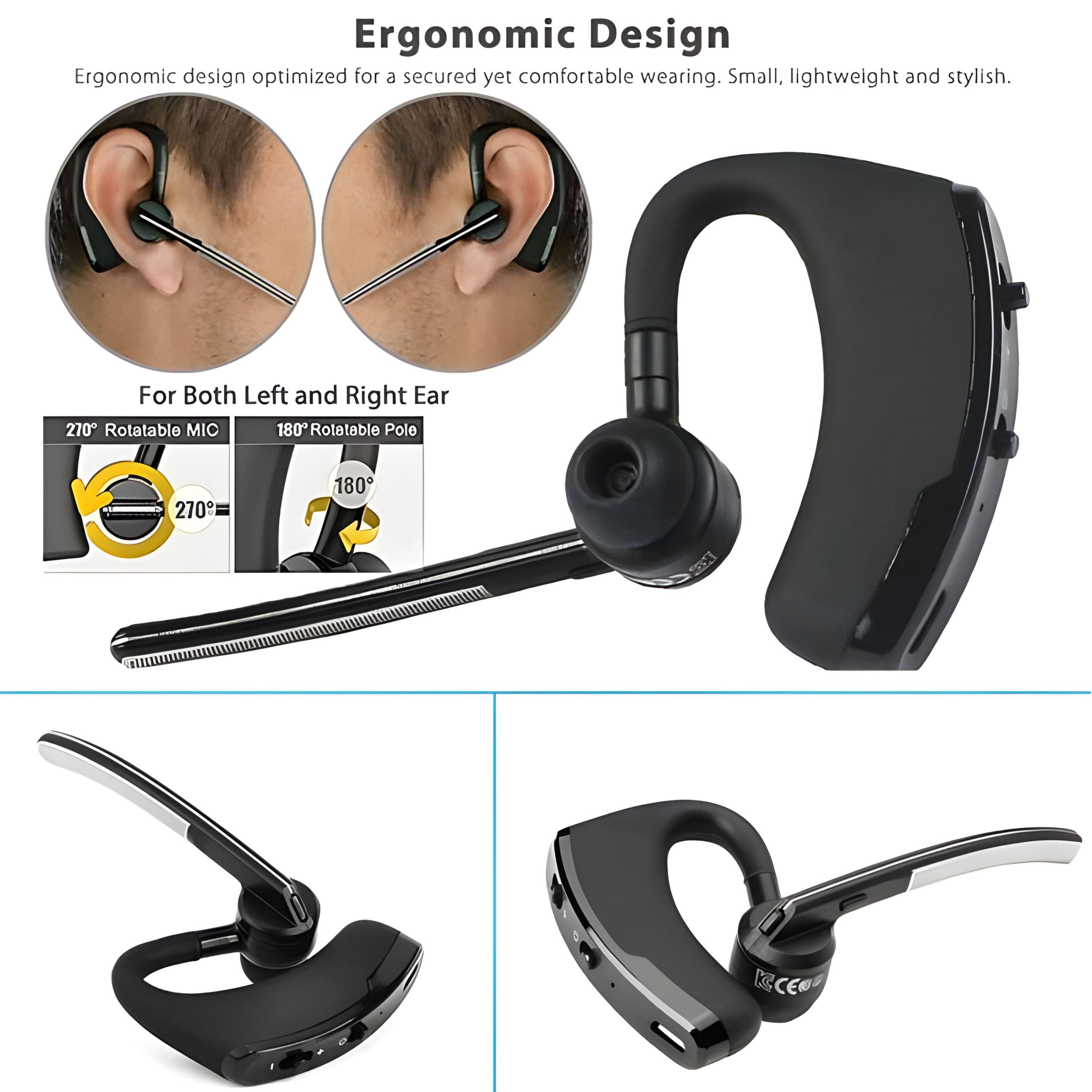 Ergonomic Design  
Ergonomic design optimized for a secured yet comfortable wearing. Small, lightweight and stylish.

For Both Left and Right Ear  
270° Rotatable MIC  
180° Rotatable Pole