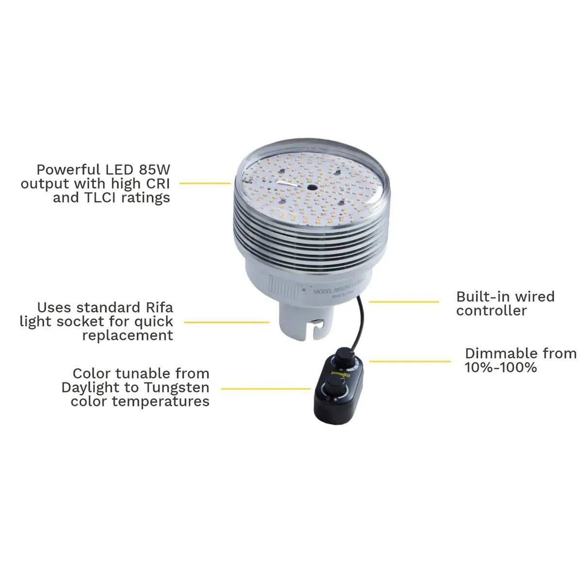 Powerful LED 85W output with high CRI and TLCI ratings  
Uses standard Rifa light socket for quick replacement  
Color tunable from Daylight to Tungsten color temperatures  
Built-in wired controller  
Dimmable from 10%-100%