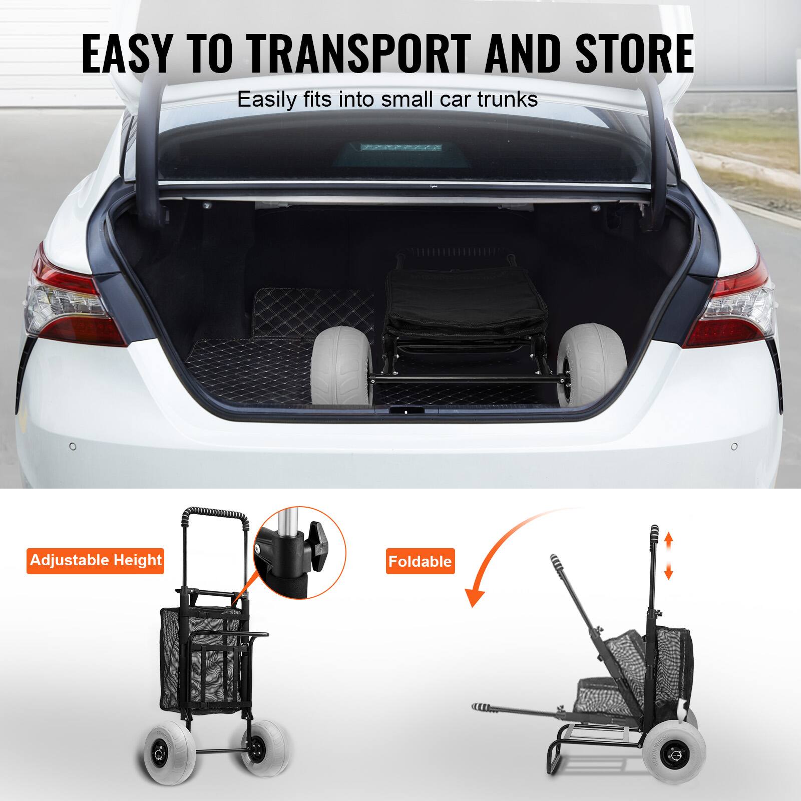 EASY TO TRANSPORT AND STORE  
Easily fits into small car trunks  

Adjustable Height  
Foldable