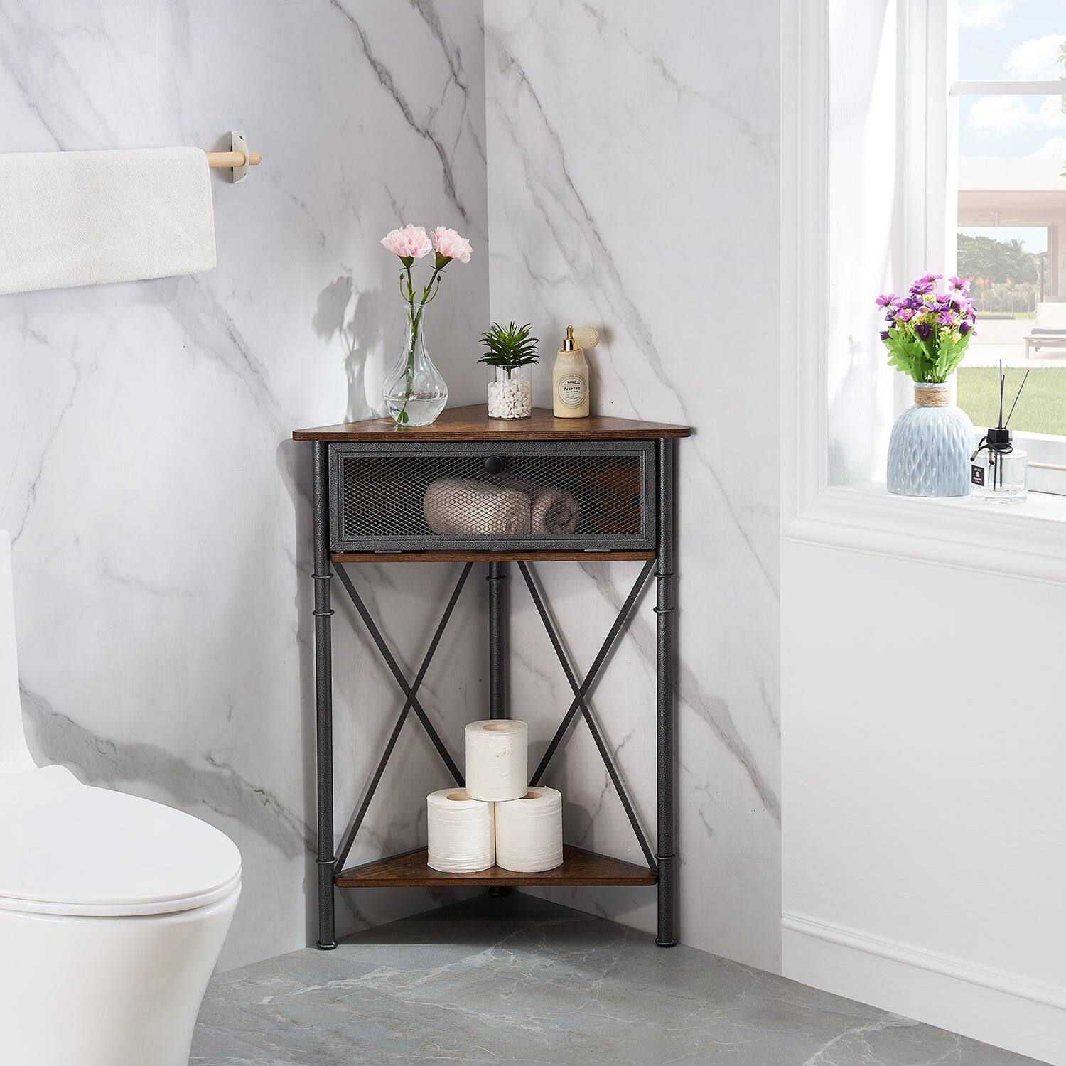 Alt View 2. Vecelo - Triangle Corner Storage Cabinet with Doors, Small Corner Cabinet with Shelves for Bathroom, Living Room - Brown.