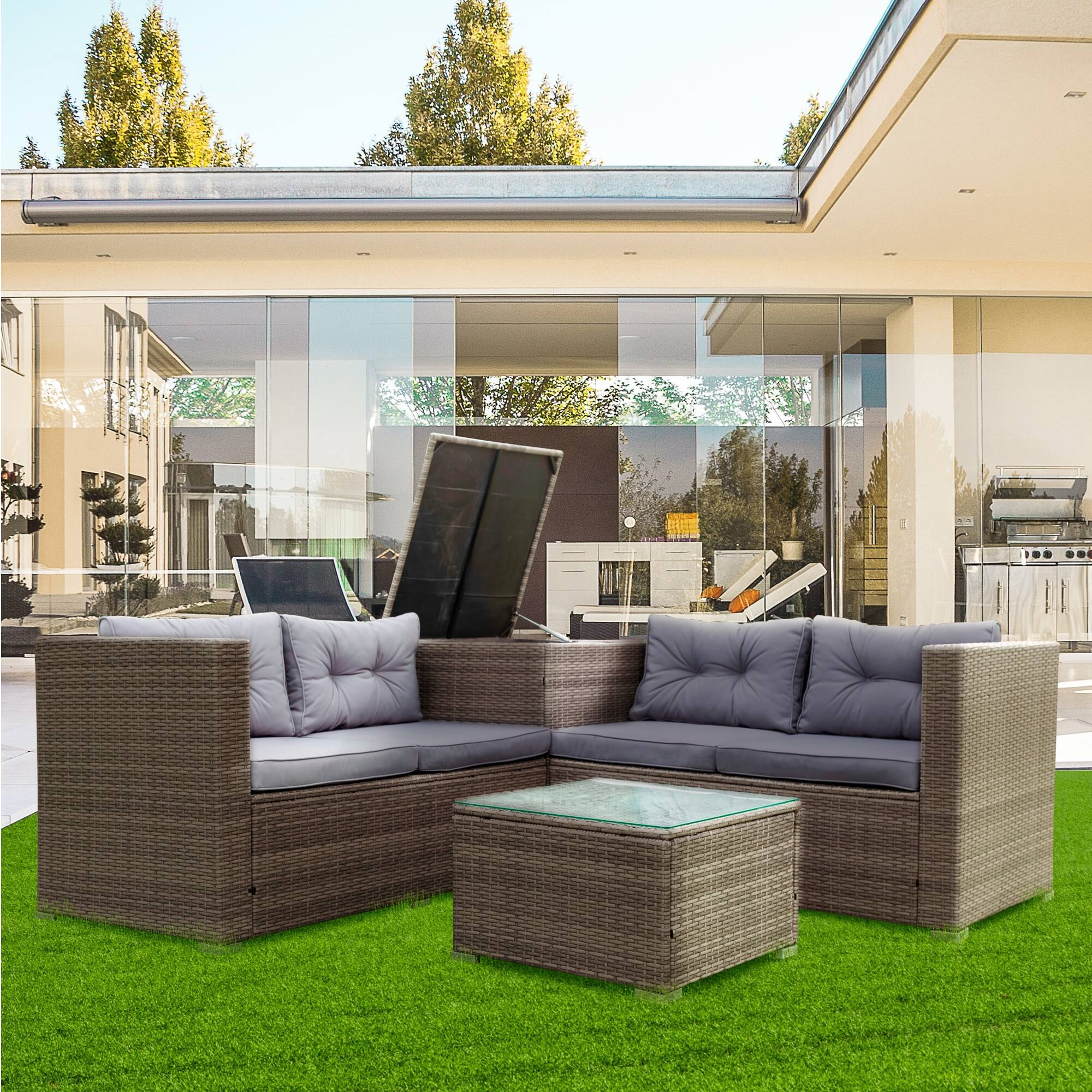 Alt View 1. Tiramisubest - 4 Piece Patio Sectional Wicker Rattan Outdoor Furniture Sofa Set with Storage Box Grey - Grey.