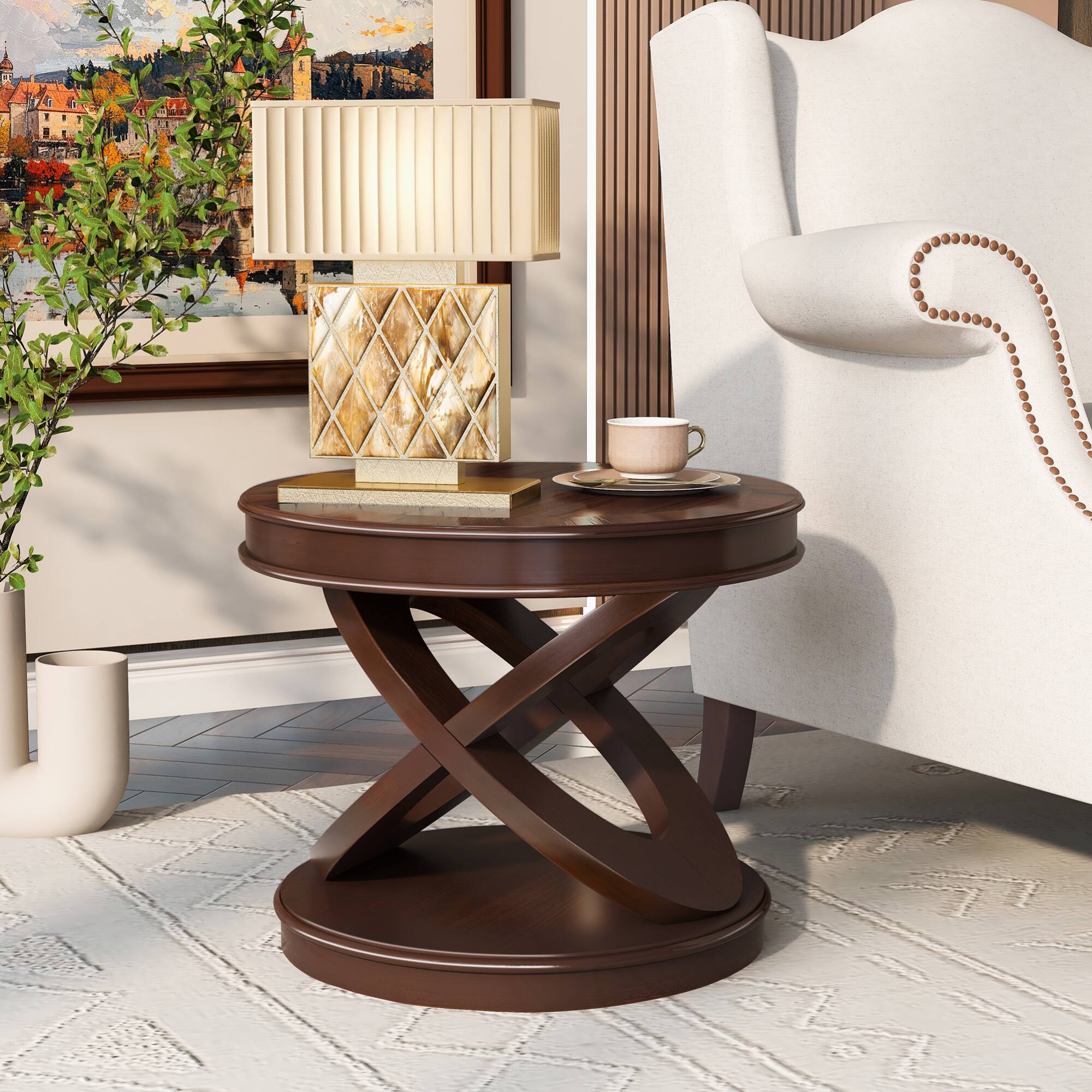 Alt View 1. GOODSILO - Retro Round Wooden End Table with X-Shape Base for Living Room or Dining Area - Walnut.