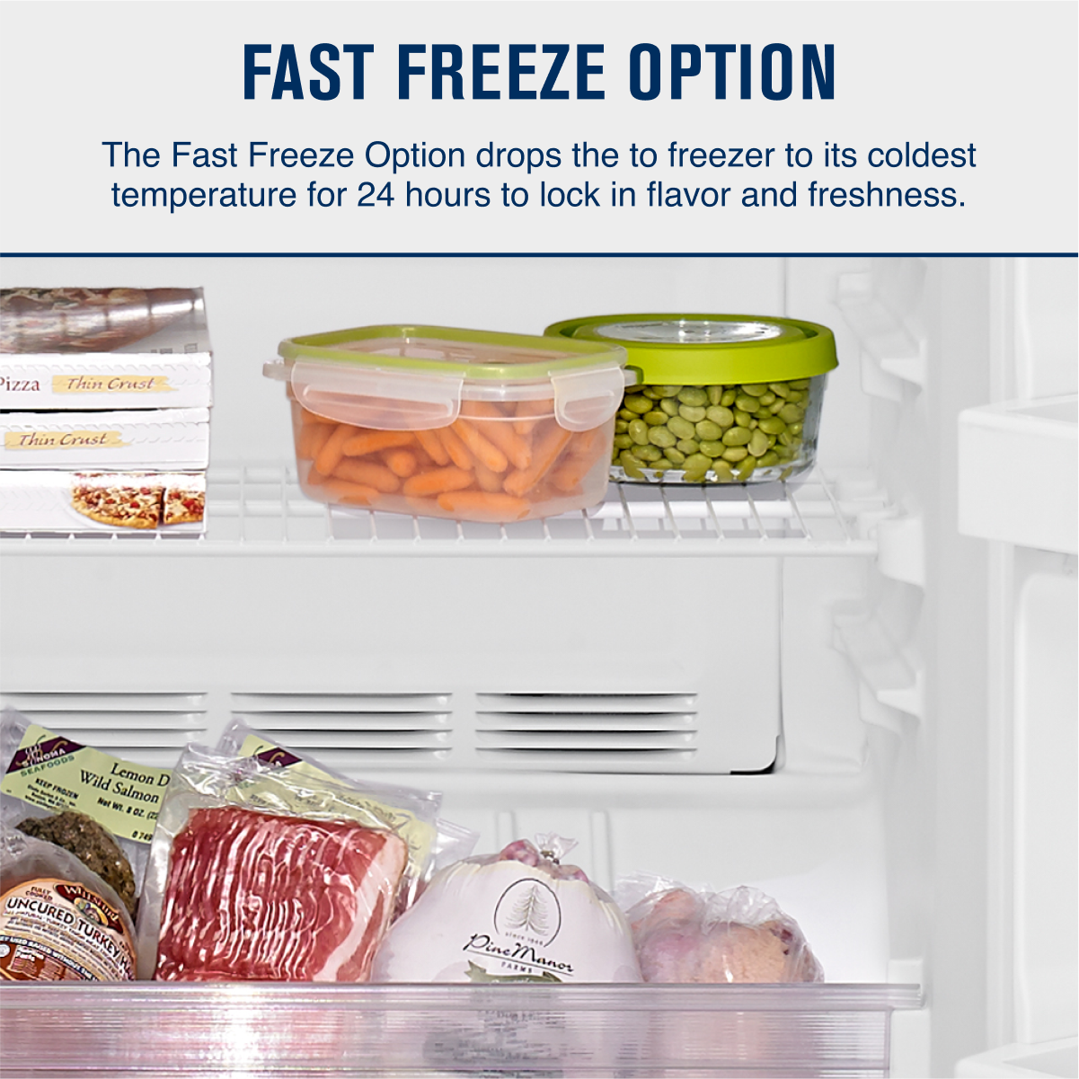 FAST FREEZE OPTION

The Fast Freeze Option drops the freezer to its coldest temperature for 24 hours to lock in flavor and freshness.

Pizza Thin Crust

Lemon Dill Wild Salmon

UNCURED TURKEY BREAST

Pine Manor Farms