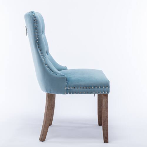 Left. LUCKY ONE - Assembled Tufted Velvet Dining Chair Set of 2 with Wood Legs Nailhead Trim High Back - Light Blue.