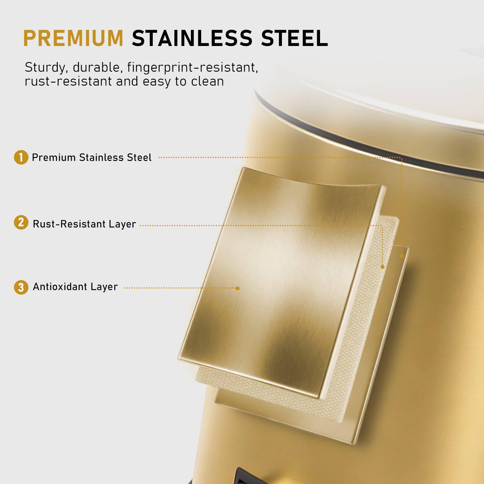 PREMIUM STAINLESS STEEL

Sturdy, durable, fingerprint-resistant, rust-resistant and easy to clean

1. Premium Stainless Steel
2. Rust-Resistant Layer
3. Antioxidant Layer
