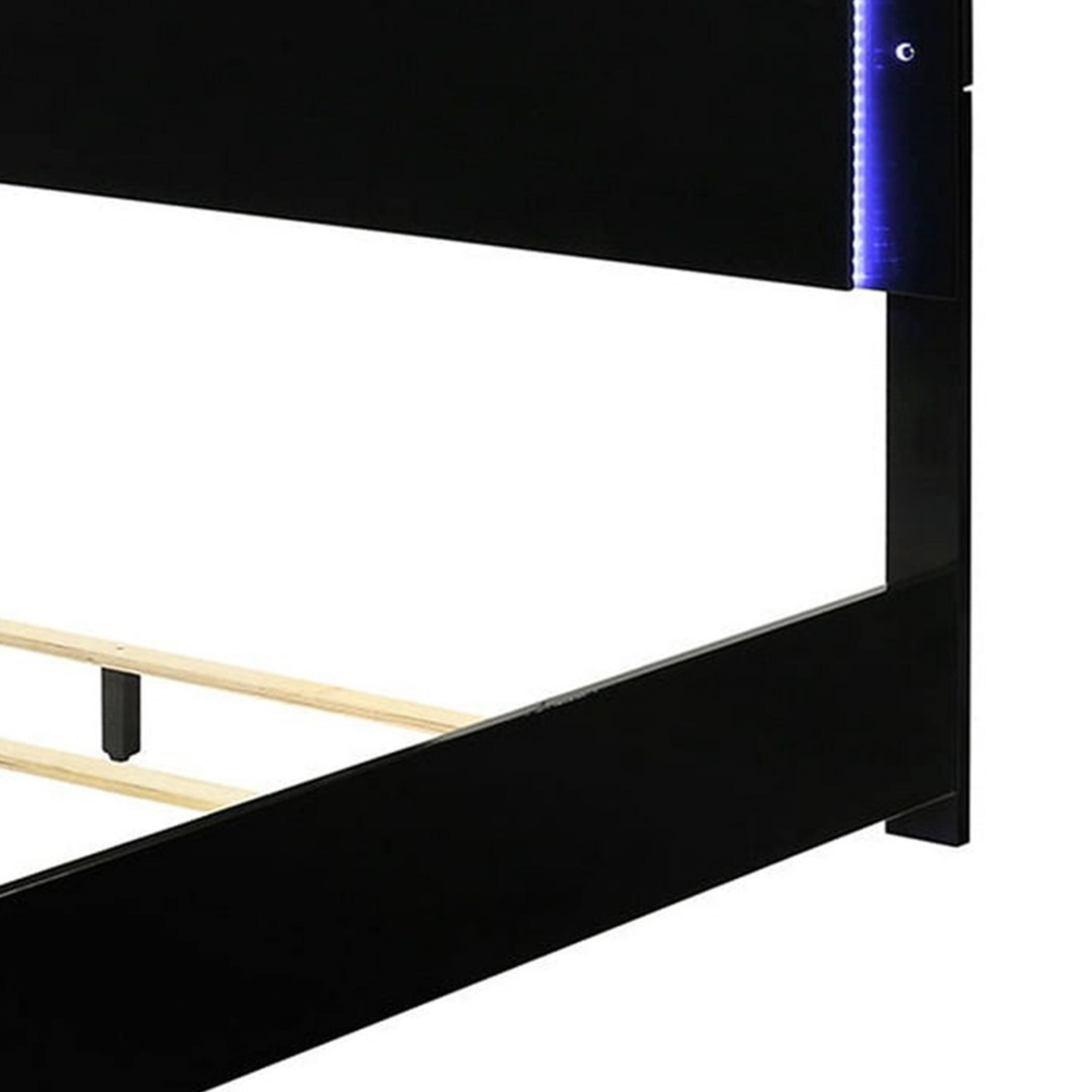 Alt View 2. Manhattan Lane - Suni King Size Bed w LED Headboard, Piano Black Wood Frame - Piano Black, Chrome Silver.