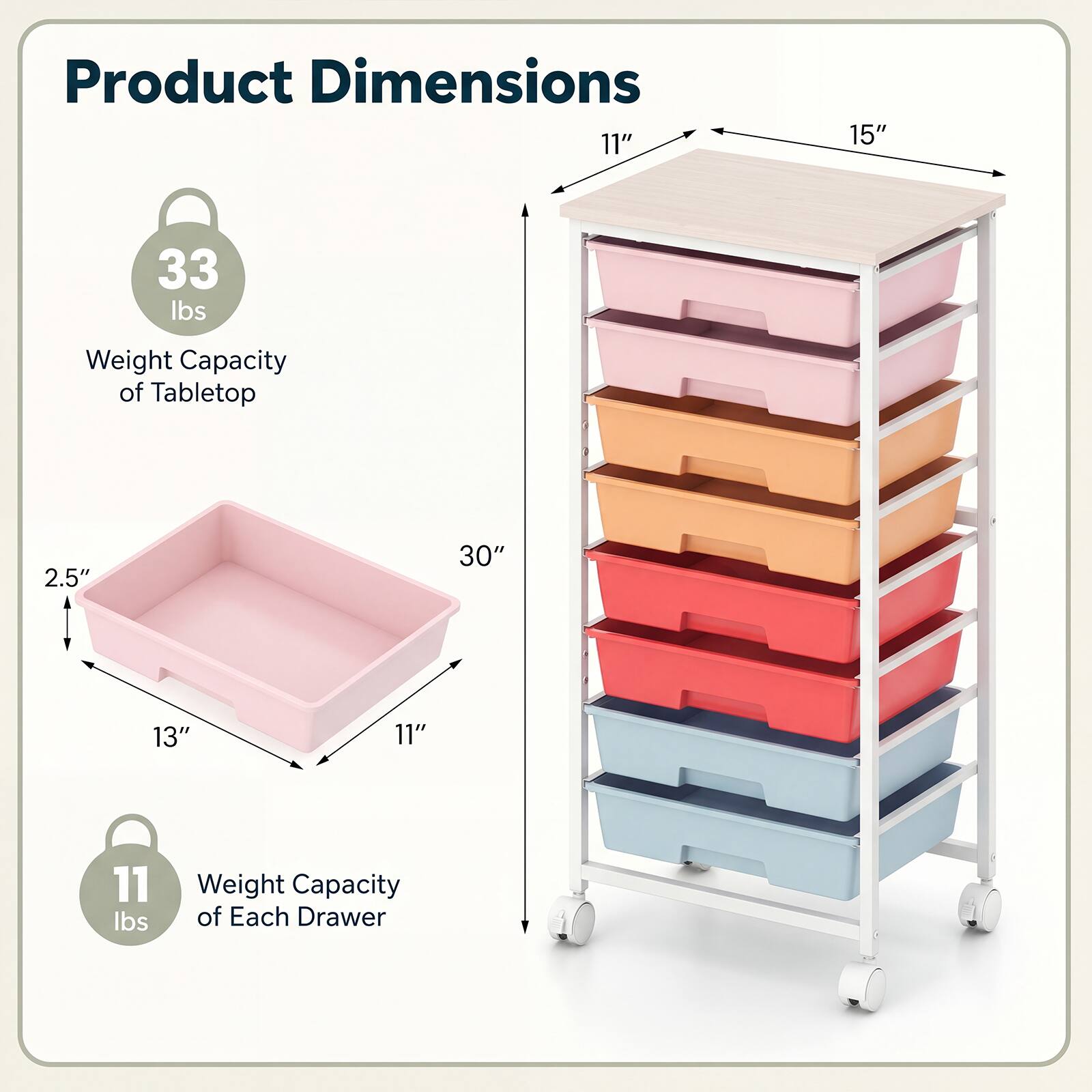 Product Dimensions
11" x 15" x 30"
Weight Capacity of Tabletop: 33 lbs
Weight Capacity of Each Drawer: 11 lbs