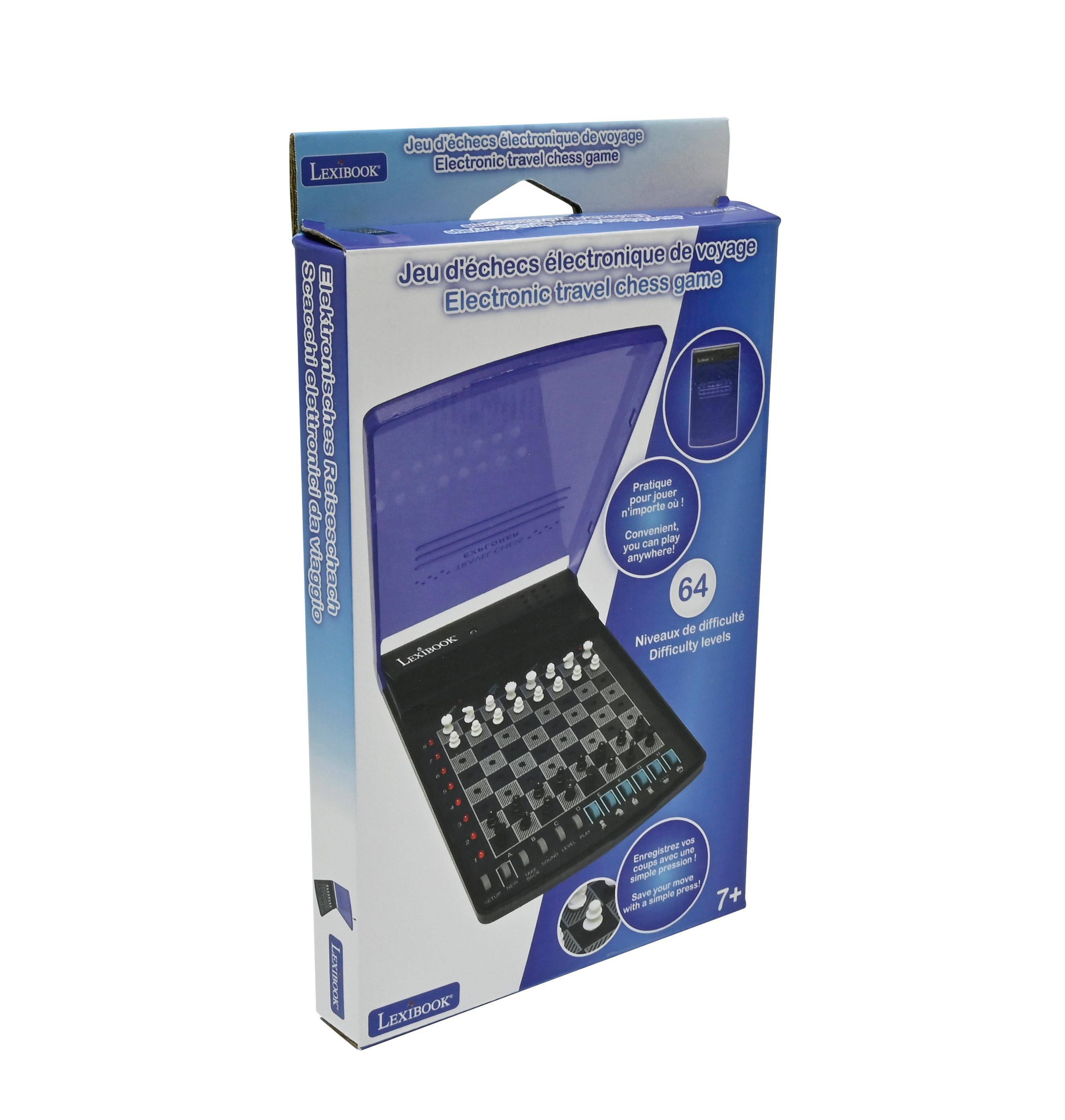 Jeu d'échecs électronique de voyage  
Electronic travel chess game  
LEXIBOOK  

Pratique jouer pour 60 !  
Convenient play you anywhere!  

64 niveaux de difficulté  
Difficulty levels  

Enregistrez vos coups d'échecs  
Save your chess moves  

7+