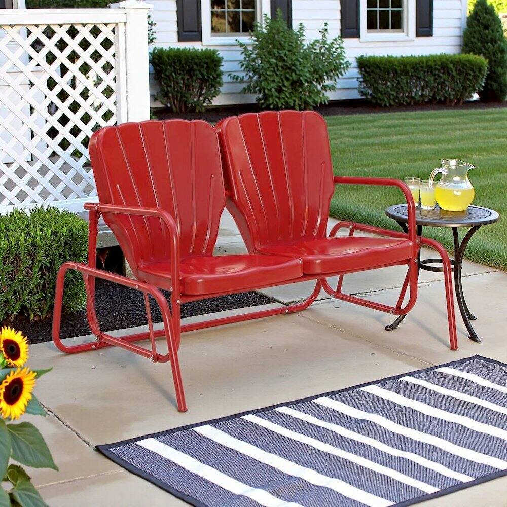 Alt View 3. Outdoor Escape - Red Outdoor Loveseat Glider – Retro Furniture Seating for Two People - Bright Red Gloss.