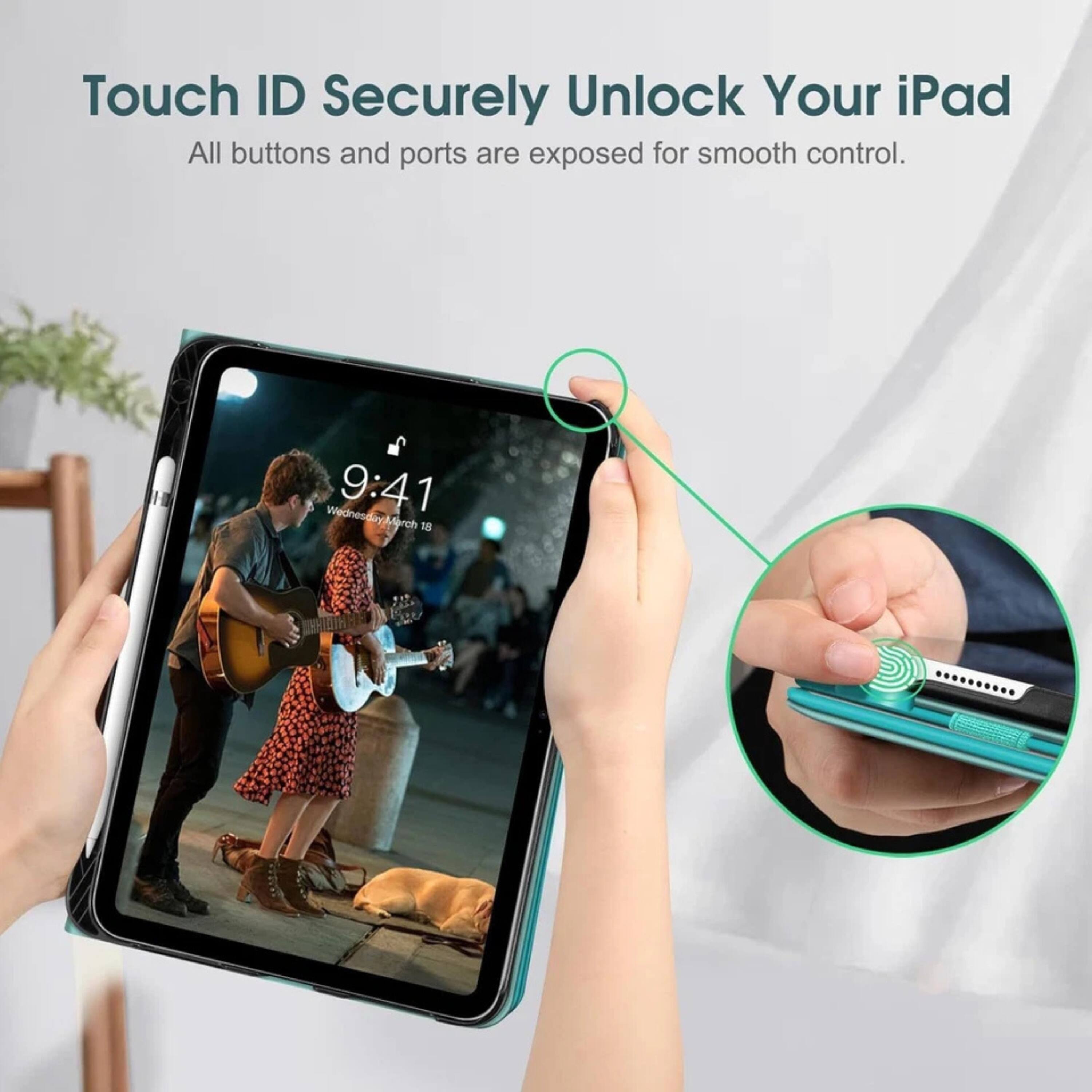 Touch ID Securely Unlock Your iPad  
All buttons and ports are exposed for smooth control.  

9:41 Wednesday, March 16