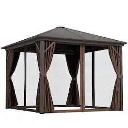 Outsunny - 10' x 10' Hardtop Gazebo Canopy with Galvanized Steel Roof, Aluminum Frame, Permanent Pavilion Outdoor Gazebo with Hook - Brown