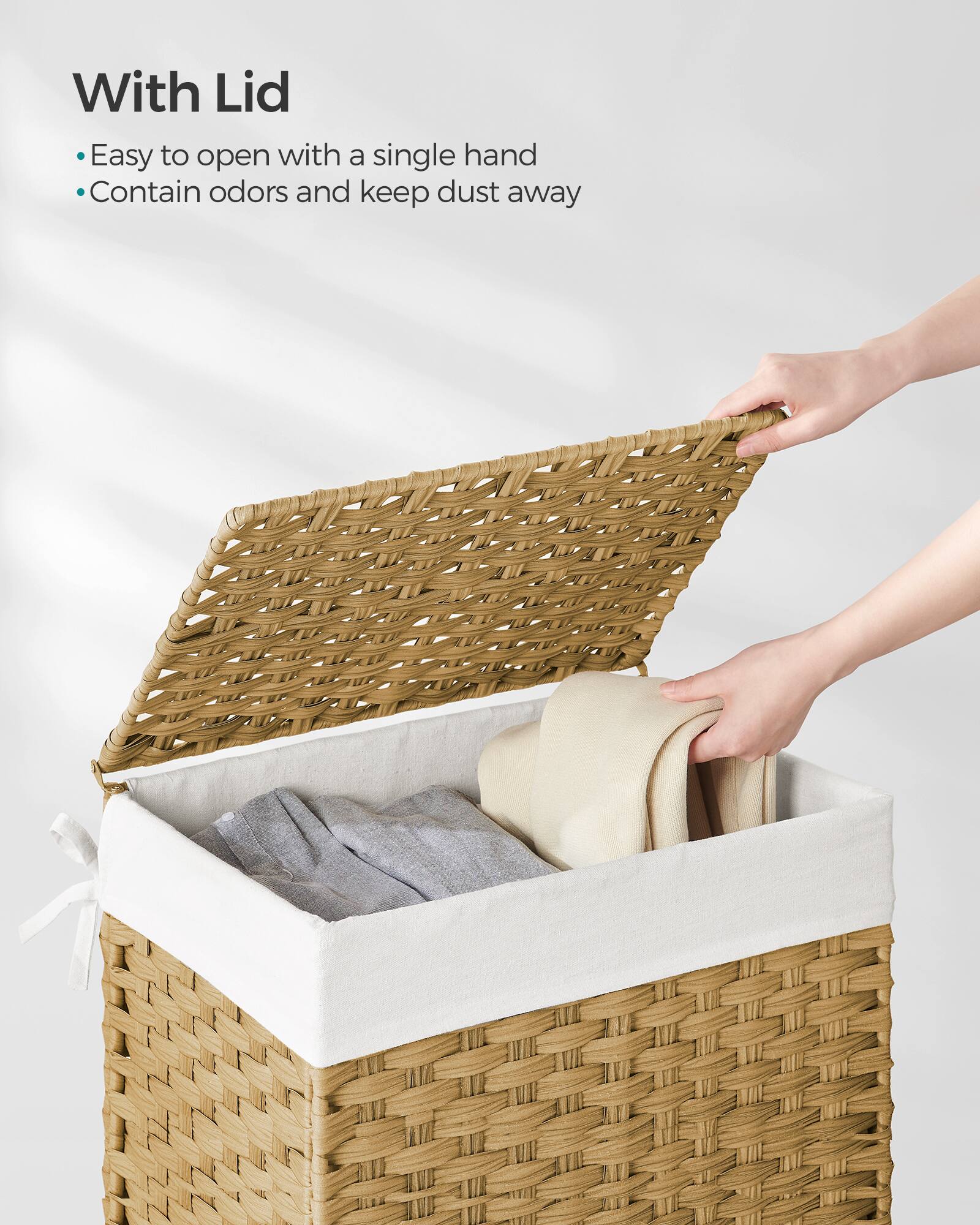 With Lid

- Easy to open with a single hand
- Contain odors and keep dust away