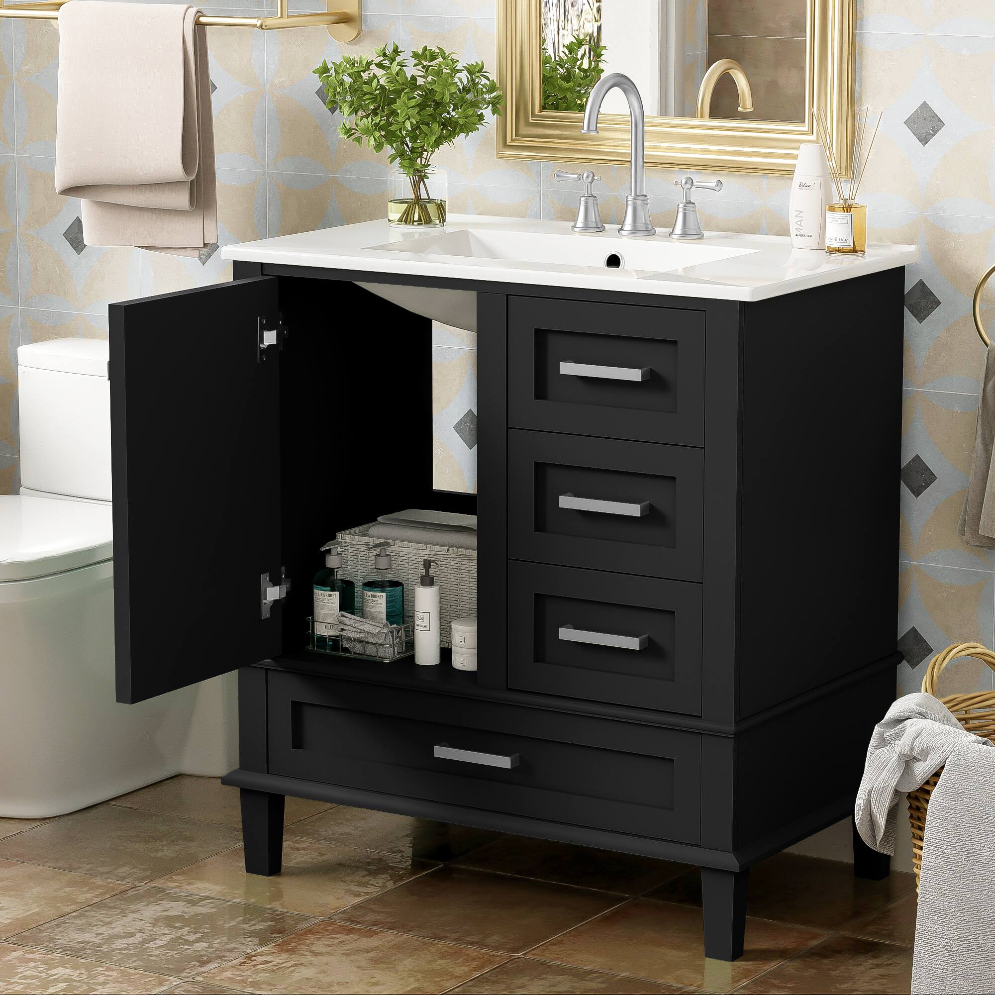 Alt View 7. Glintex - 30" Bathroom Vanity with Sink, Modern Cabinet Set, 3 Drawers, Soft-Close Door, Solid Wood Frame - Black.