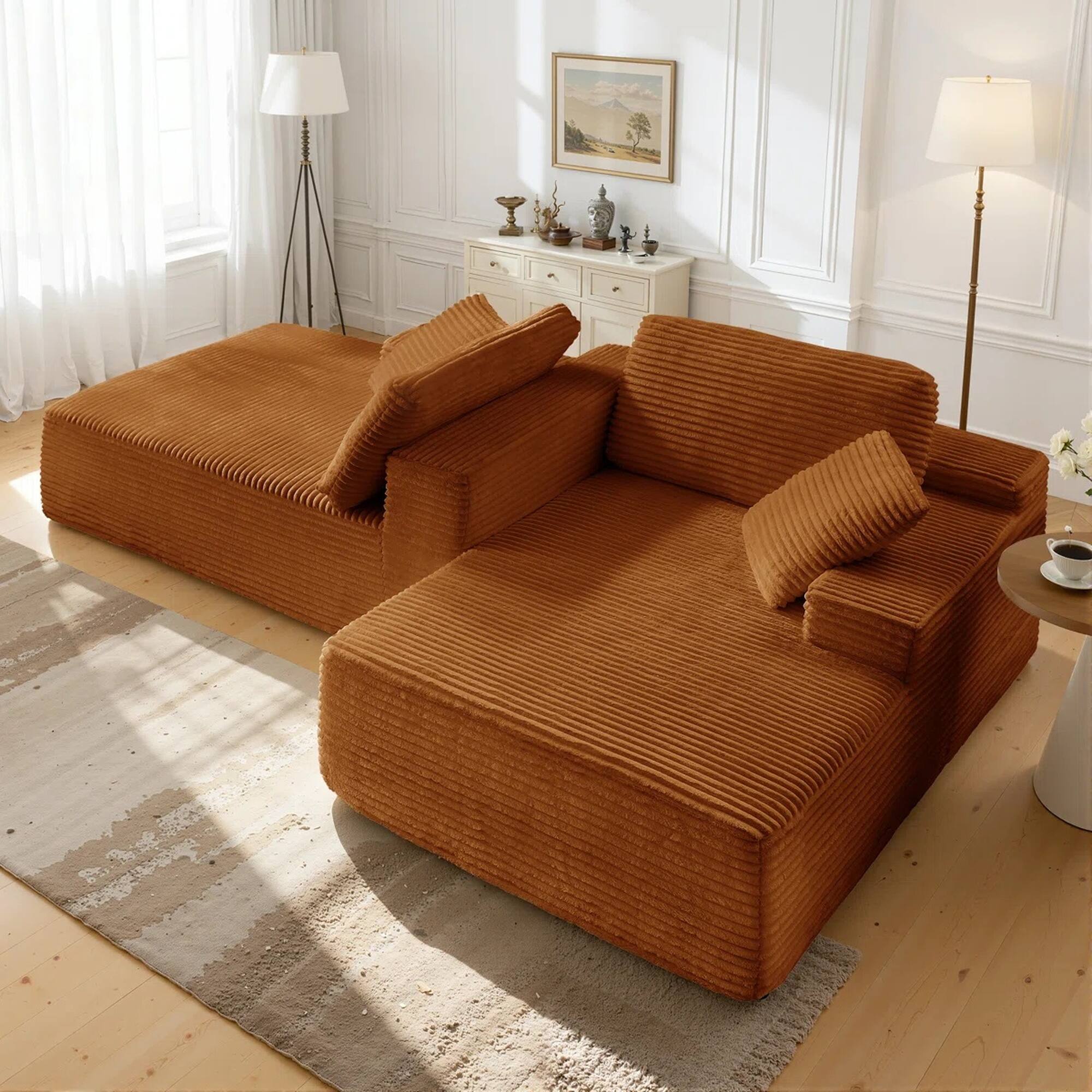 Alt View 1. Yardgrace - Oversized Corduroy Upholstered Chaise Lounge – No Assembly Required, Plush Boneless Sofa for Living Room - Orange.