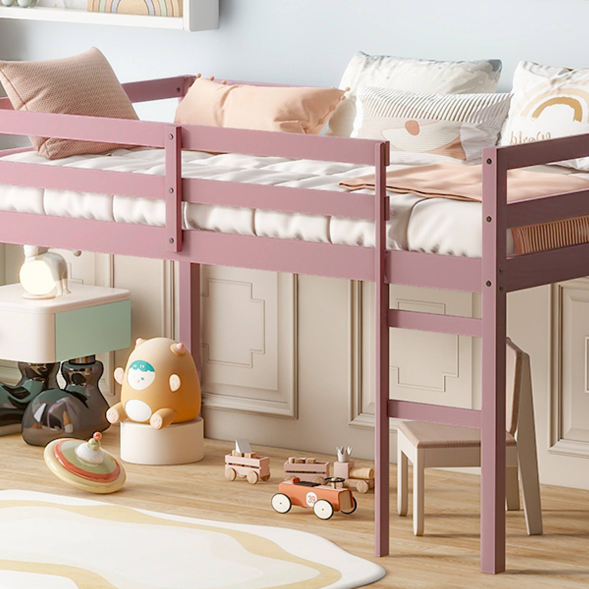 Alt View 8. GOODSILO - Solid Wood Twin Loft Bed with Ladder and Strengthened Slats for Enhanced Stability and Space Optimization - Pink.