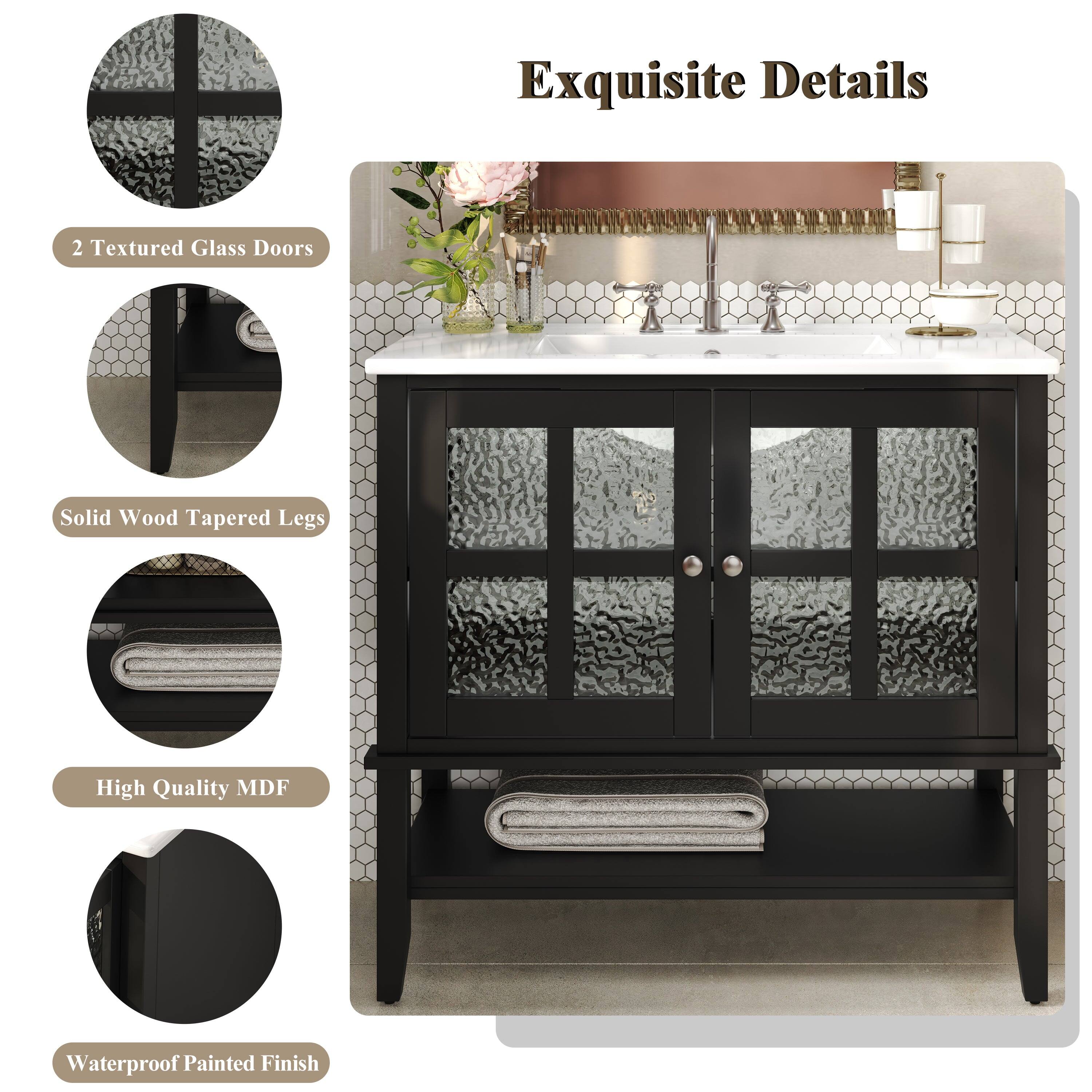 Exquisite Details

- 2 Textured Glass Doors
- Solid Wood Tapered Legs
- High Quality MDF
- Waterproof Painted Finish