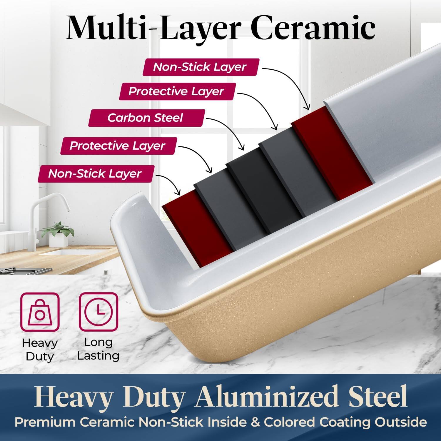 Multi-Layer Ceramic

- Non-Stick Layer
- Protective Layer
- Carbon Steel
- Protective Layer
- Non-Stick Layer

Heavy Duty  
Long Lasting

Heavy Duty Aluminized Steel  
Premium Ceramic Non-Stick Inside & Colored Coating Outside