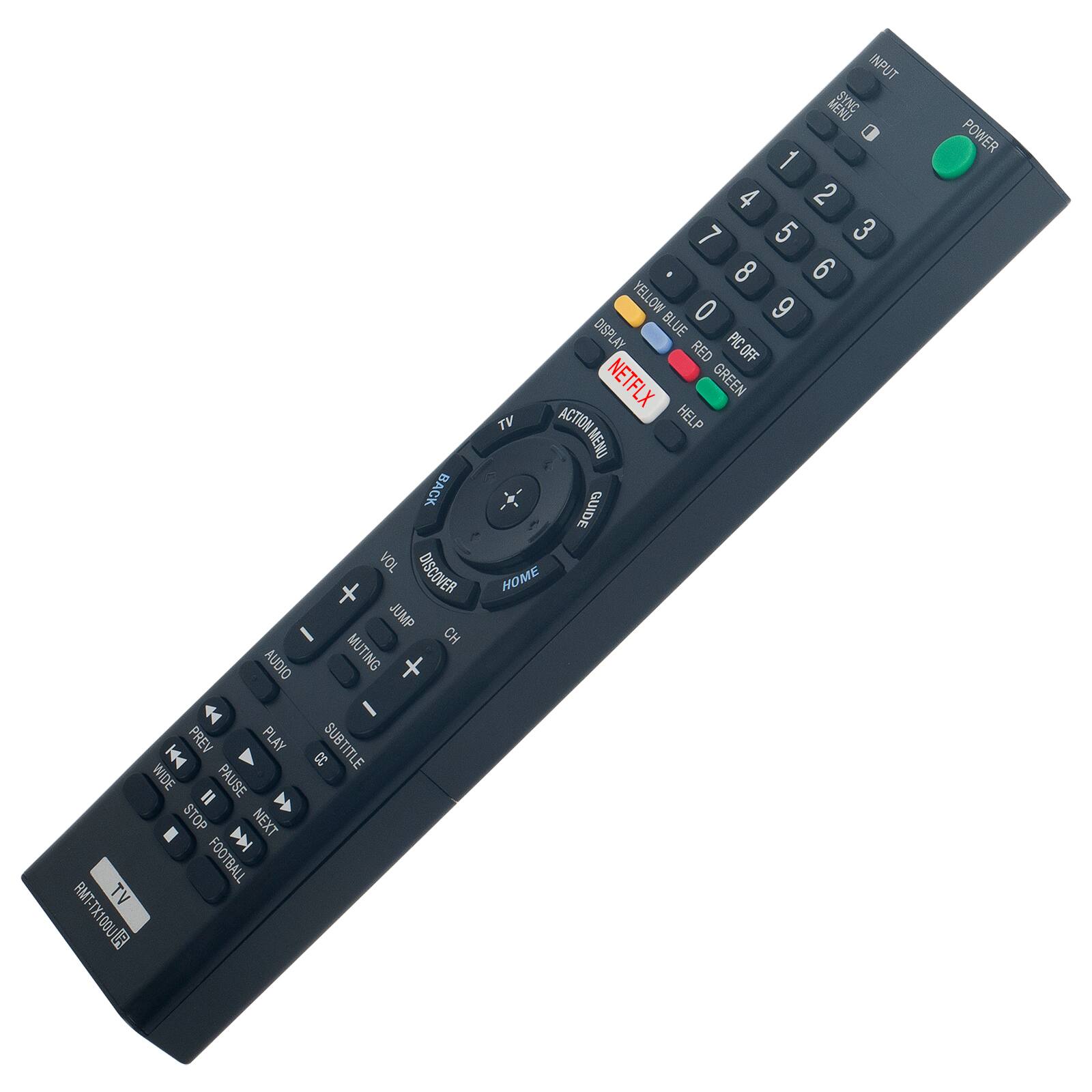 BACK VOL DISCOVER + JUMP - CH AUDIO MUTING  
I PREV PLAY SUBTITLE  
DC WIDE PAUSE = + STOP NEXT  
FOOTBALL TV AMT-TX1000 INPUT STENG 1 4 2 7 5 3 8 6 YELLOW O 9 DISPLAY BLUE RED PIC OFF NETFLX GREEN TV ACTION HELP MENU GUIDE HOME POWER