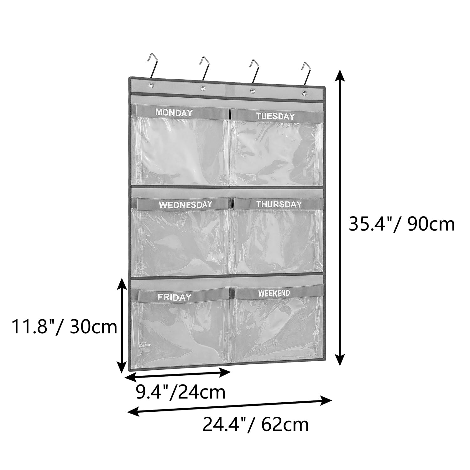 MONDAY  
TUESDAY  
WEDNESDAY  
THURSDAY  
FRIDAY  
WEEKEND  

35.4" / 90cm  
11.8" / 30cm  
9.4" / 24cm  
24.4" / 62cm