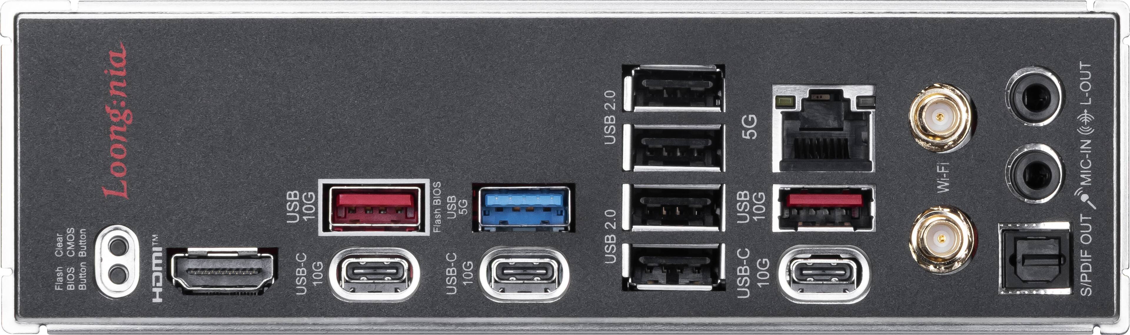 Loongnia

HDMI IN

Clear CMOS Button

Flash BIOS Button

USB 2.0

USB 5G

USB 10G

USB-C 10G

USB-C 10G

USB 2.0

USB 5G

USB 10G

USB-C 10G

WIFI

MIC-IN

OUT

S/PDIF

L-OUT