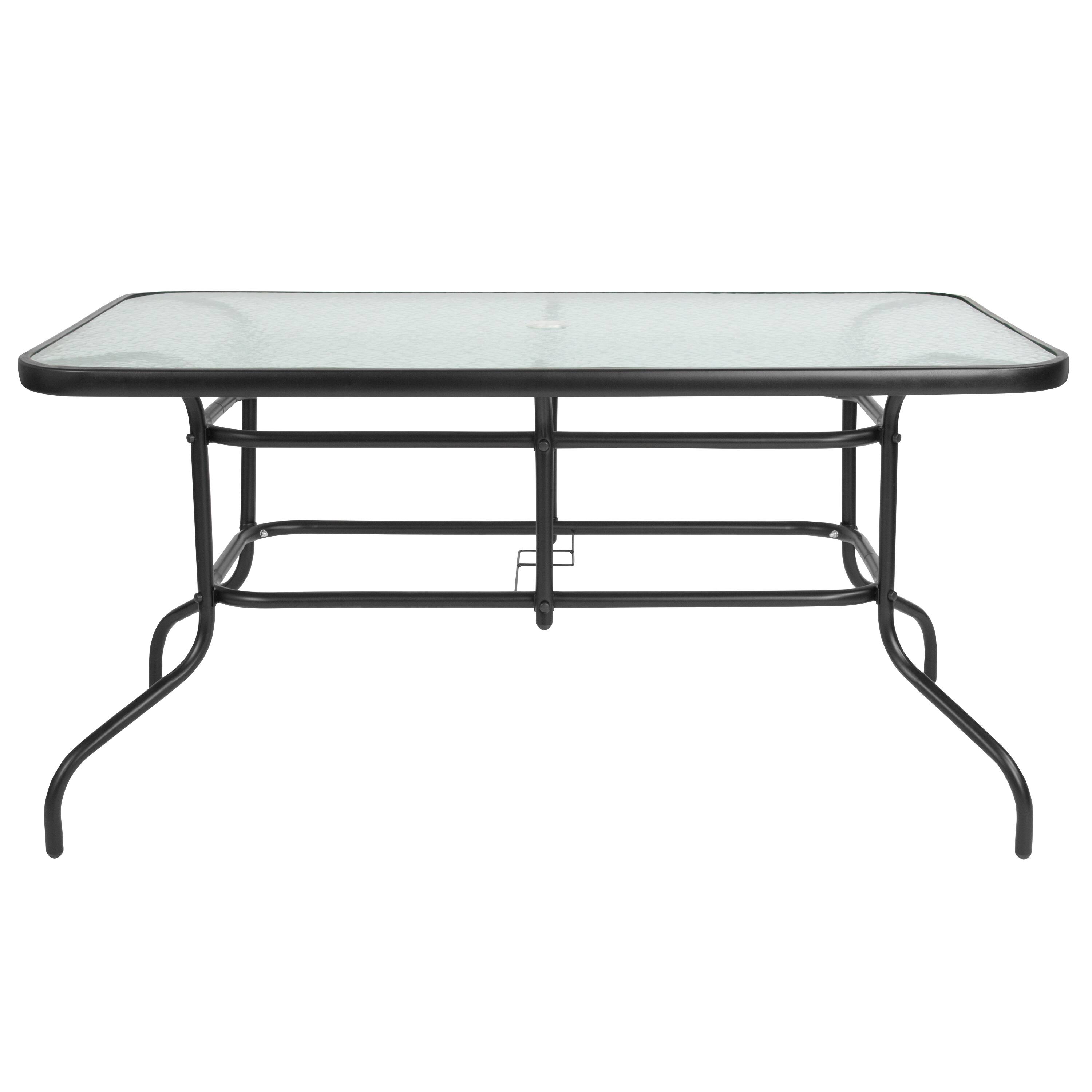 Alt View 5. Emma + Oliver - 31.5" x 55" Rectangular Tempered Glass Metal Table with Umbrella Hole - Clear Top/Black Frame.