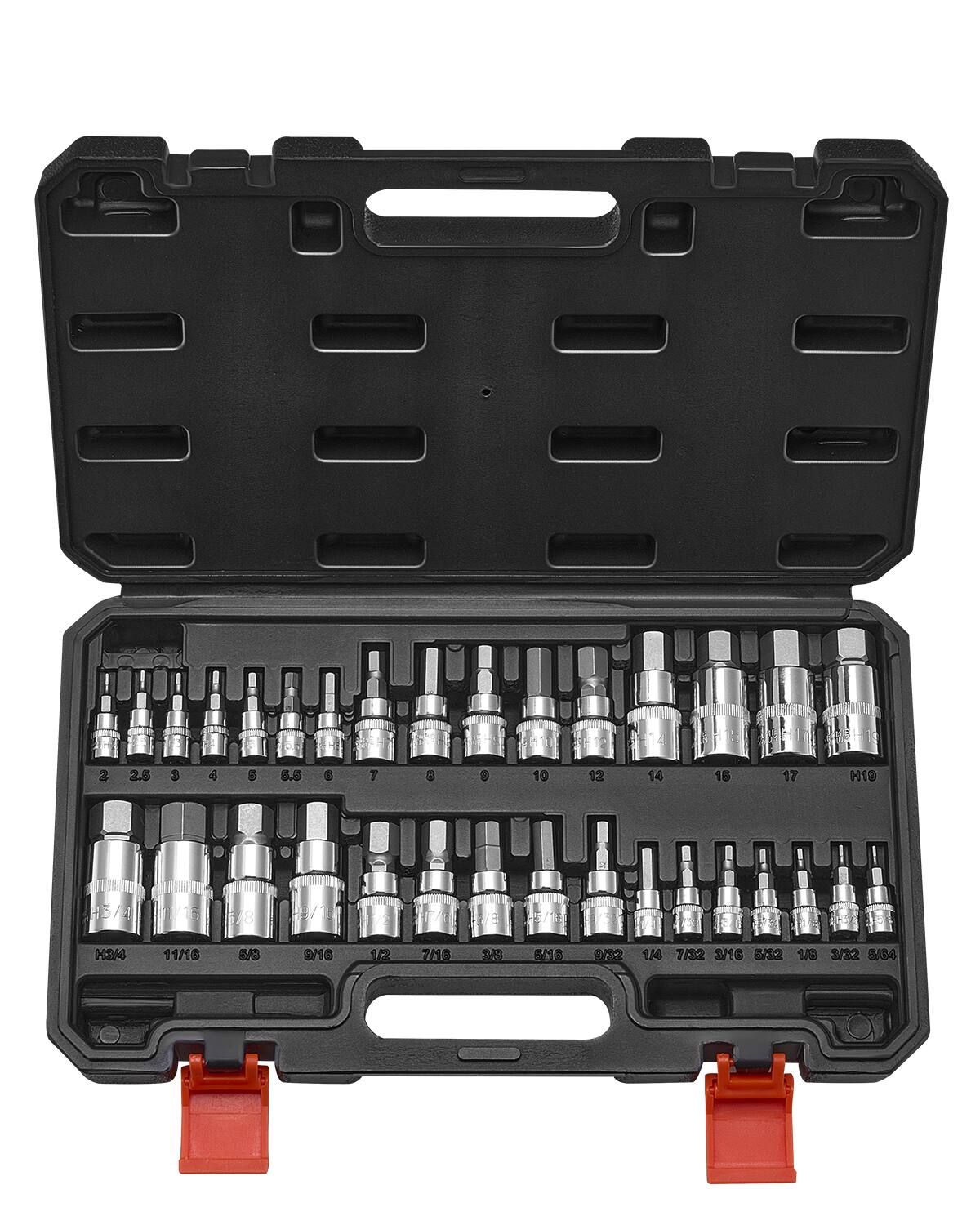 VEVOR - Hex Bit Socket Set, 32-Piece, S2 Alloy Steel and Cr-V Steel, Standard SAE and Metric, 1/4 in, 3/8 in, and 1/2 in Drives - Black
