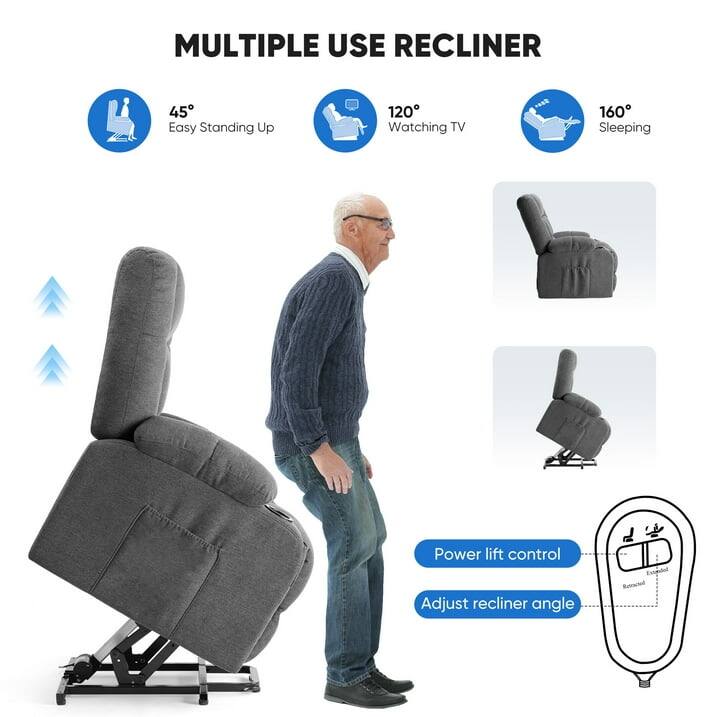 MULTIPLE USE RECLINER

45° Easy Standing Up  
120° Watching TV  
160° Sleeping  

Power lift control  
Adjust recliner angle