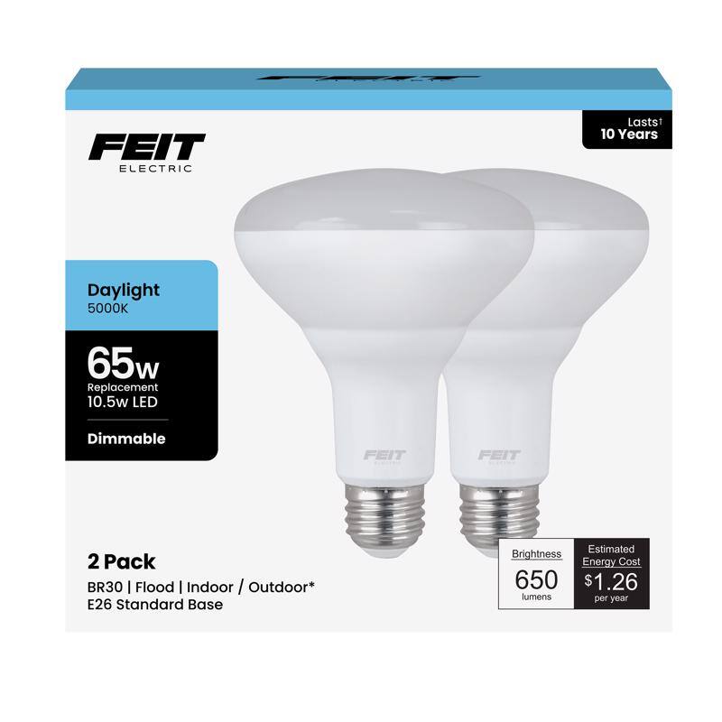 FEIT Electric  
Lasts 10 Years  
Daylight 5000K  
65W Replacement 10.5W LED Dimmable  
FEIT  
2 Pack  
BR30 | Flood | Indoor / Outdoor*  
E26 Standard Base  
Estimated Brightness: 650 lumens  
Estimated Energy Cost: $1.26 per year
