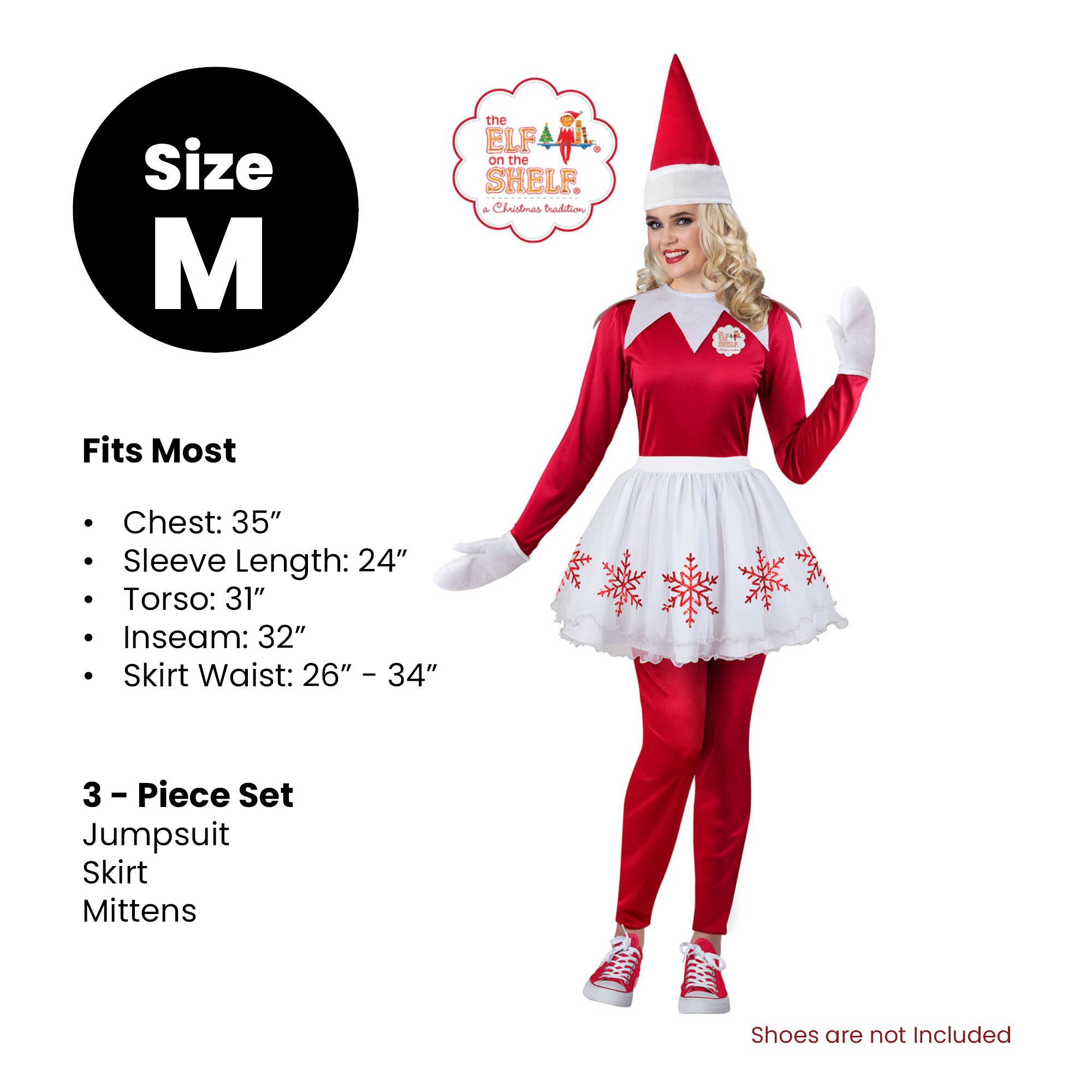 Size M

Fits Most
- Chest: 35"
- Sleeve Length: 24"
- Torso: 31"
- Inseam: 32"
- Skirt Waist: 26" - 34"

3 - Piece Set
- Jumpsuit
- Skirt
- Mittens

Shoes are not included