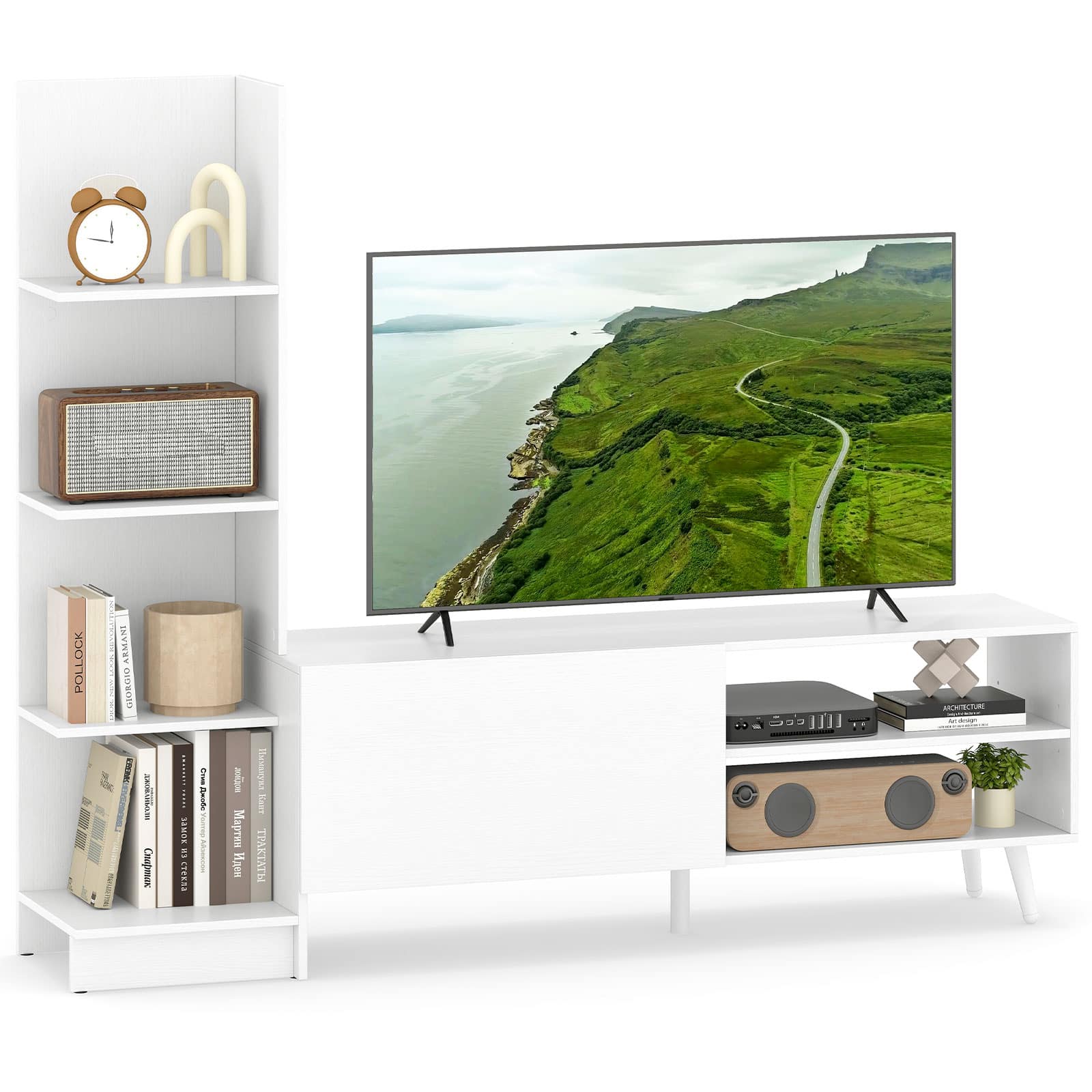 Gymax - TV Stand for TVs up to 50'' w/Bookshelf & 3-Position Adjustable Shelf Metal Legs - White