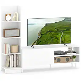Gymax - TV Stand for TVs up to 50'' w/Bookshelf & 3-Position Adjustable Shelf Metal Legs - White