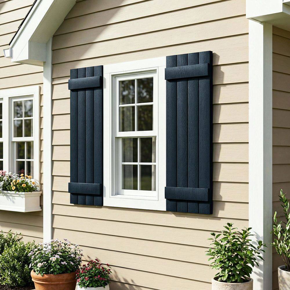 Angle. Kadyn - Classic Board & Batten Faux Shutters with 2 Horizontal Bars for Timeless and Durable Exterior Elegance, 14"x25", Blue - Blue.