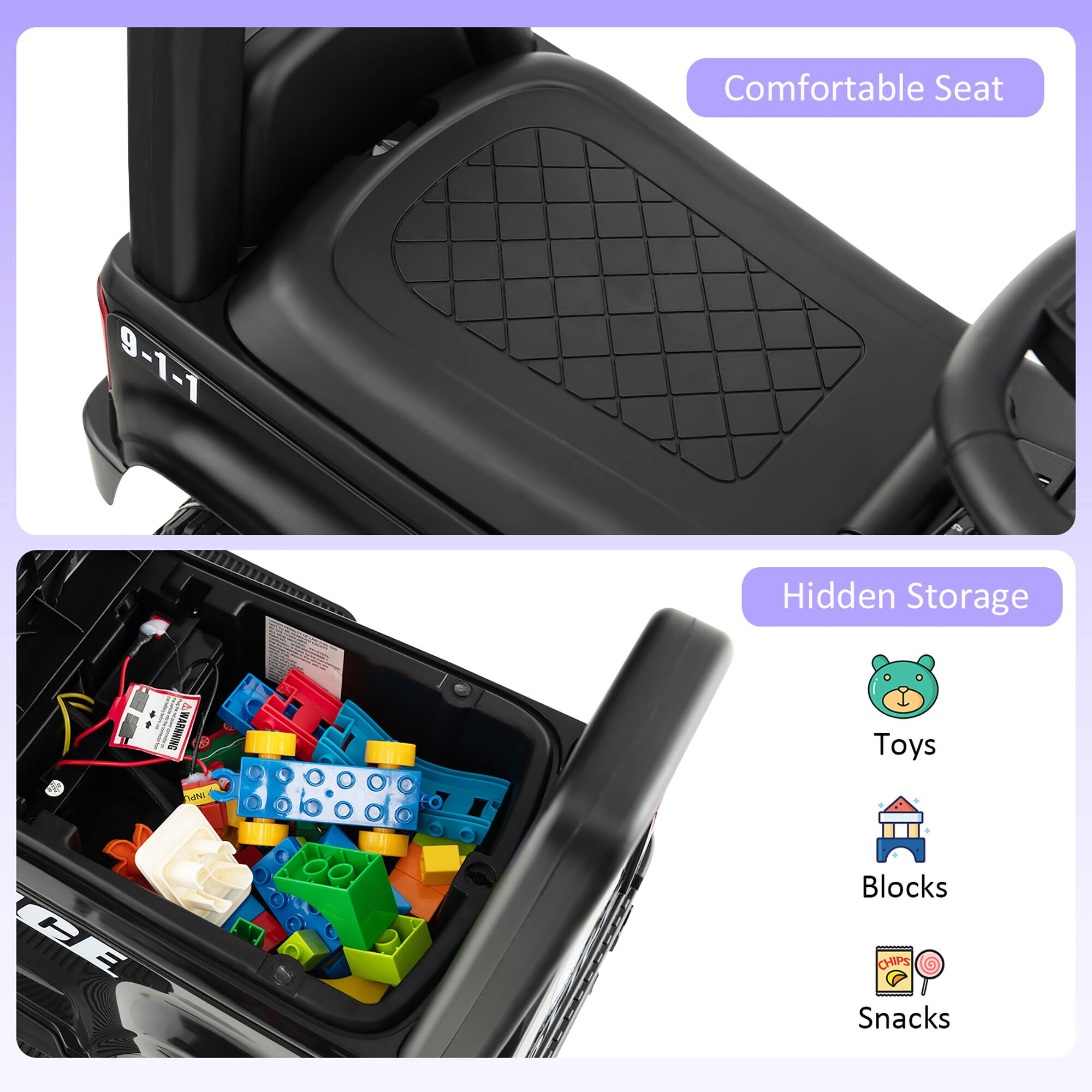 Comfortable Seat

Hidden Storage

Toys  
Blocks  
Snacks