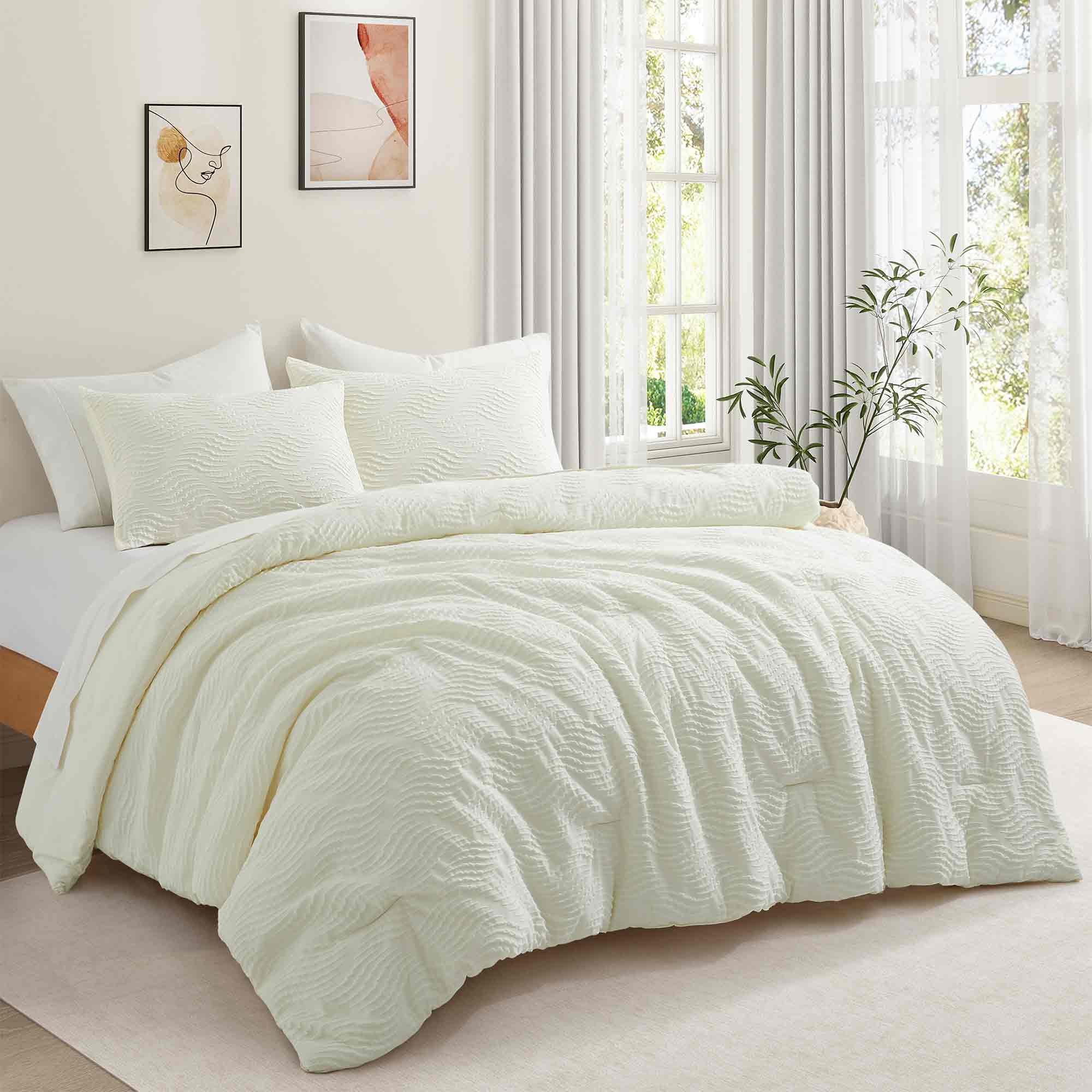 Angle. Peace Nest - Peace Nest 3-Piece Bubble Textured Seersucker Comforter Set, All Season Down Alternative Bedding, Cream, Twin - Cream.