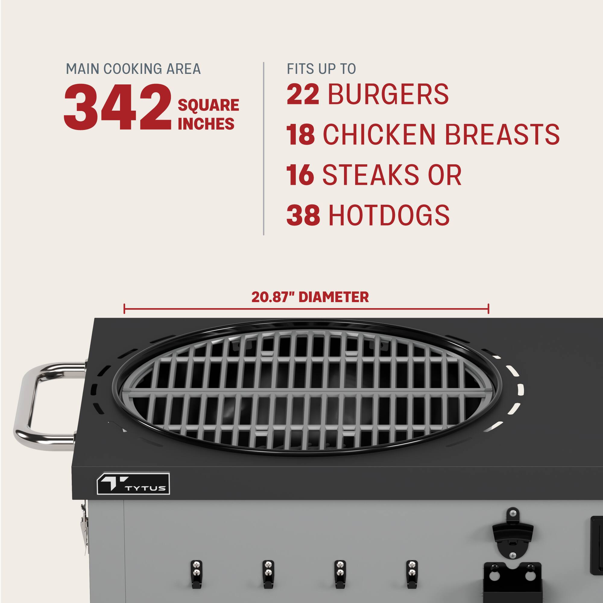 The main cooking area of this grill is 342 square inches, which can accommodate up to 22 burgers, 18 chicken breasts, 16 steaks, or 38 hotdogs. The grill has a diameter of 20.87 inches.